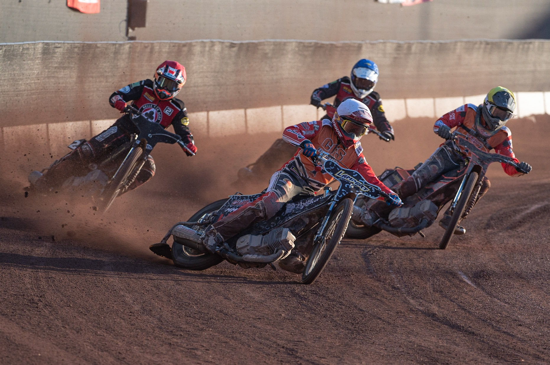 Photo: Ian Charles

Dawid Lampard  (White) leads Zach Wajtknecht  (Yellow) Ricky Wells (Red) and Jaimon Lidsey  (Blue)

Belle Vue Aces v Swindon Robins, British Speedway Premiership, Belle Vue National Speedway Stadium, Manchester, Monday 20  May  2019
