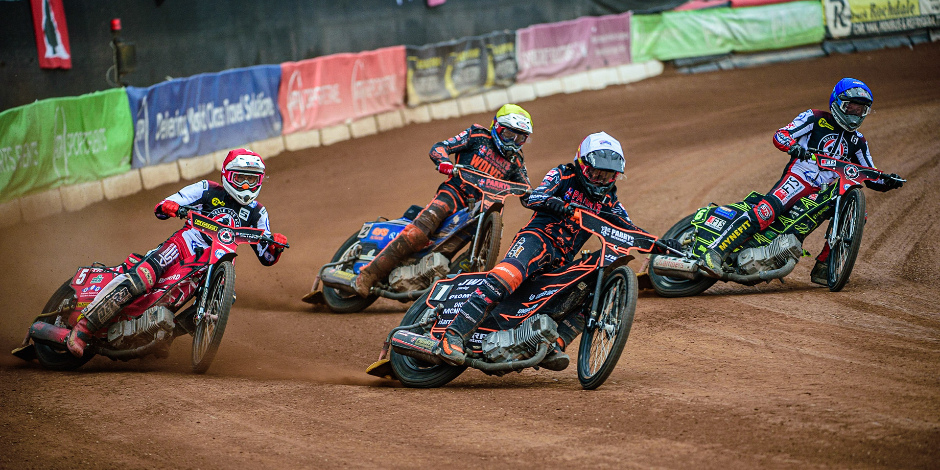 Sam Masters  (White) leads Max Fricke  (Red), Steve Worrall  (Yellow) and Jye Etheridge  (Blue) during the SGB Premiership match between Belle Vue Aces and Wolverhampton Wolves at the National Speedway Stadium, Manchester on Monday 29th August 2022. (Credit: Ian Charles | MI News)