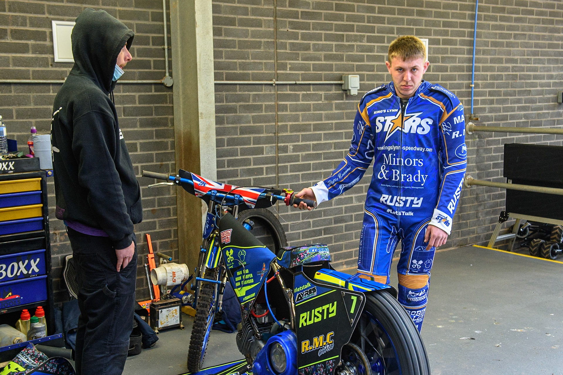 Photo: Ian CharlesRyan Kinsley warms his bike upDiscovery Networks Eurosport Speedway Season Launch, National Speedway Stadium, Manchester Wednesday  12  May  2021