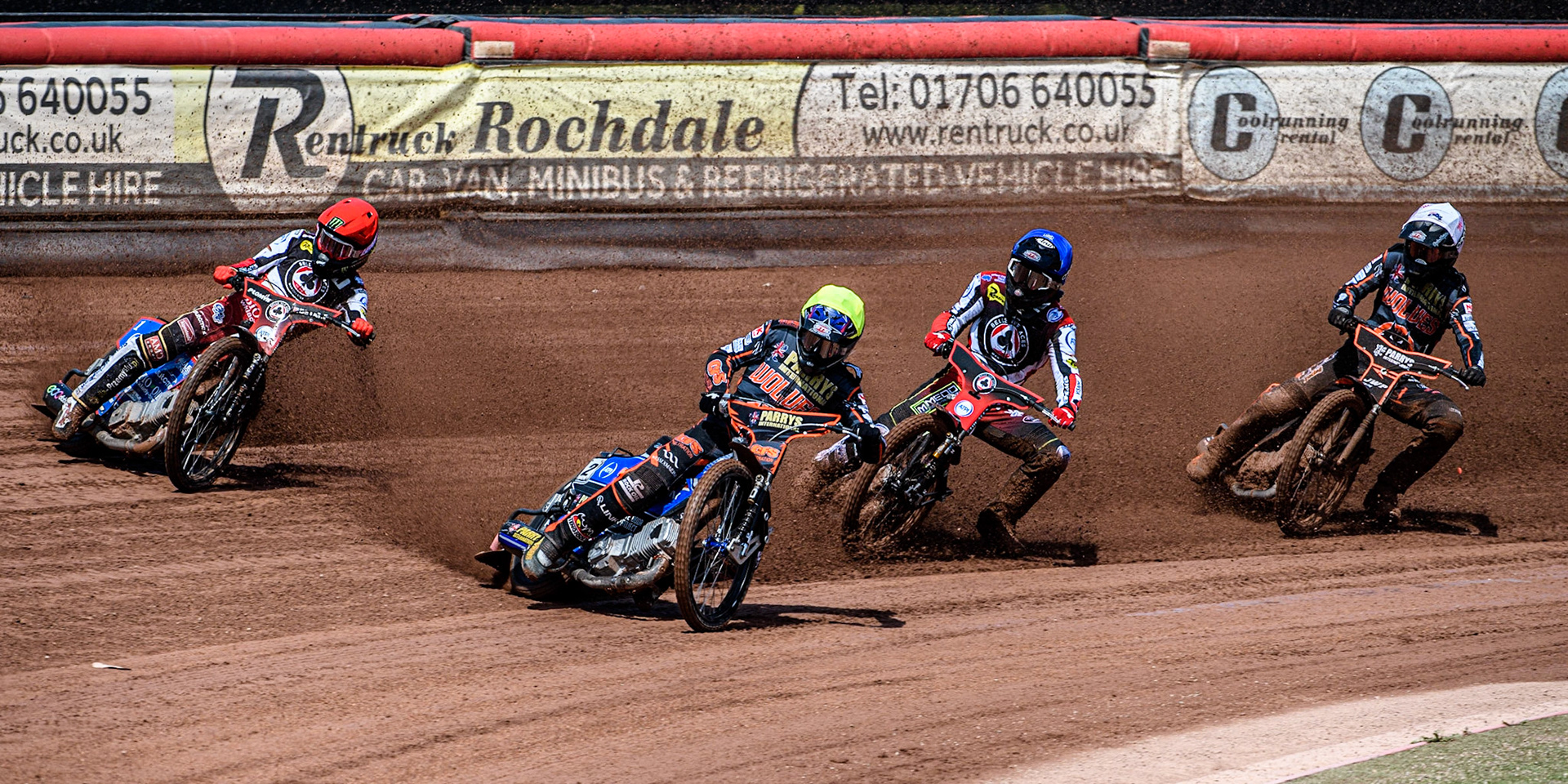 Steve Worrall (Yellow) leads Dan Bewley (Red), Tom Brennan (Blue) and Sam Masters (White) during the Sports Insure Premiership match between Belle Vue Aces and Wolverhampton Wolves at the National Speedway Stadium, Manchester on Monday 29th May 2023. (Photo: Ian Charles | MI News)