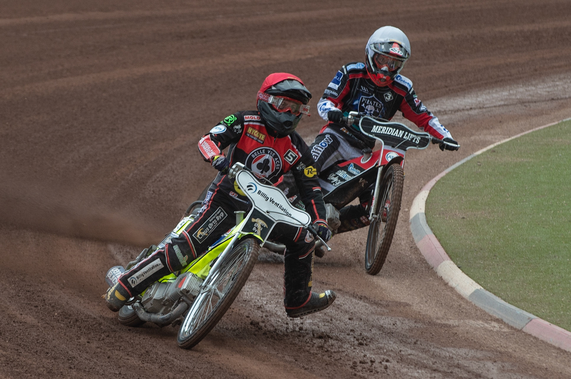Photo by Ian Charles

Kenneth Bjerre  (Red) leads Nicolai Klindt  
(White) 


Belle Vue Aces v Poole Pirates, British Speedway Premiership, Belle Vue National Speedway Stadium, Manchester, Monday 6  May  2019