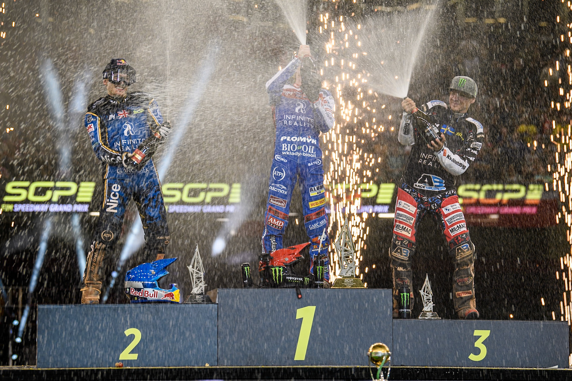 Champagne capers on the rostrum during the FIM Speedway Grand Prix of Great Britain at The Principality Stadium, Cardiff on Saturday 17th August 2024. (Photo: Ian Charles | MI News)