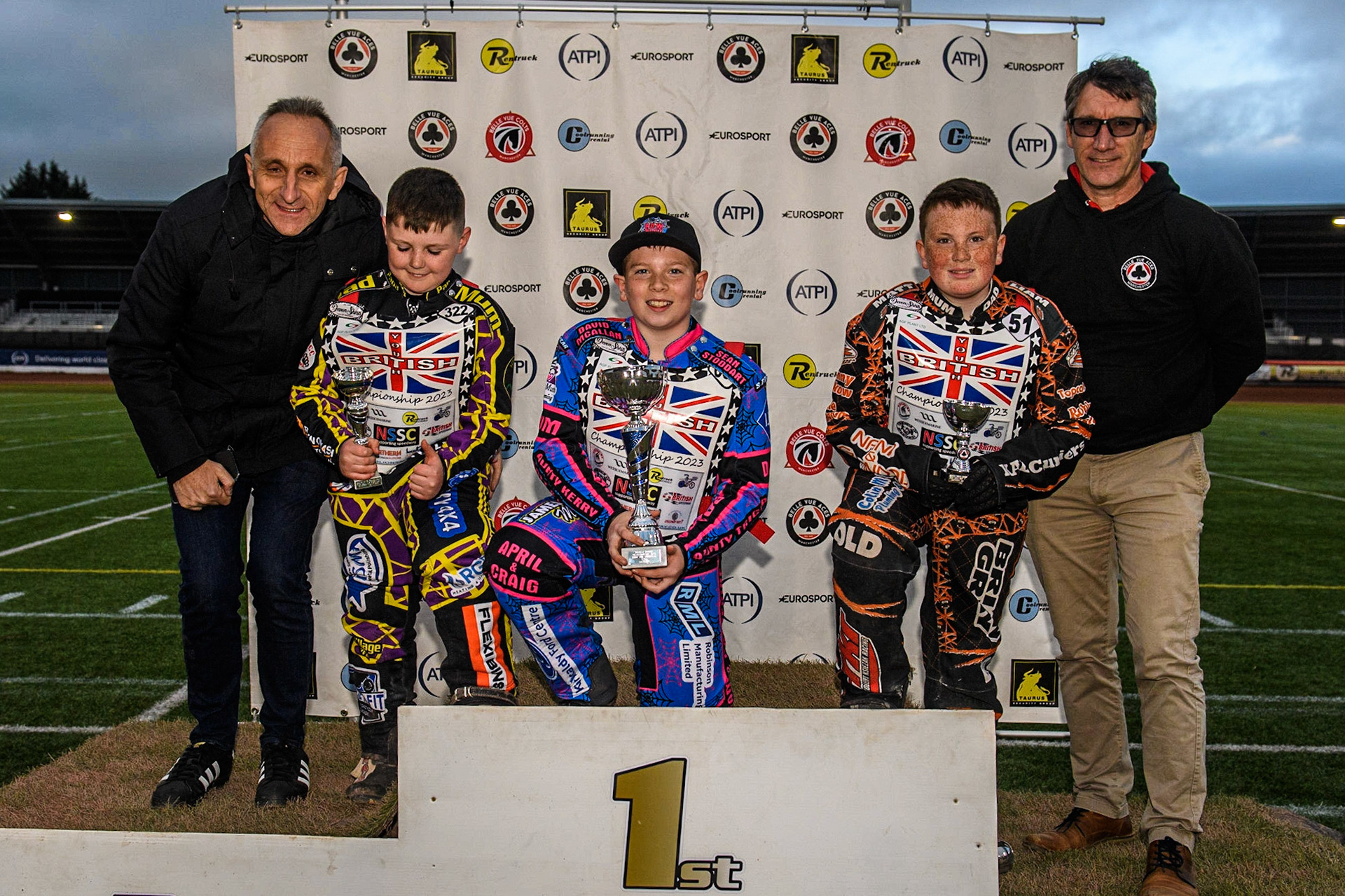 Support Class Top 3: (l - r) Neil Vatcher (SCB Youth Speedway Co-Ordinator), Lewis Hague (2nd), Rocco Webb (1st) Liam Morris  (3rd) Mark Lemon (Belle Vue promoter) during the British Youth Championships at the National Speedway Stadium, Manchester on Friday 12th May 2023. (Photo: Ian Charles | MI News)
