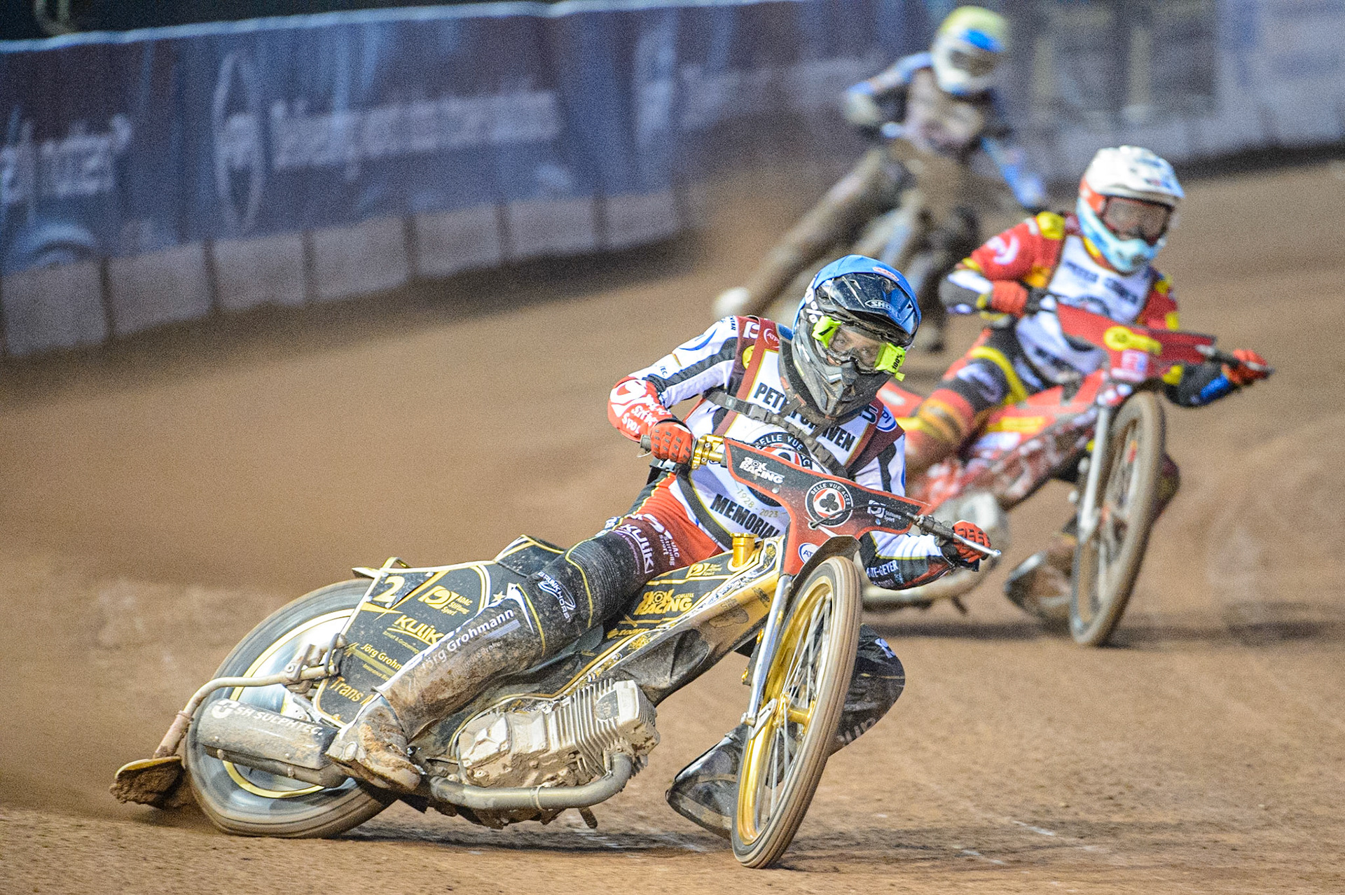 Norick Blodorn  (Blue) leads Max Fricke  (White) and Justin Sedgmen  (Yellow)  during the Peter Craven Memorial Trophy  at the National Speedway Stadium, Manchester on Monday 3rd April 2023. (Photo: Ian Charles | MI News)