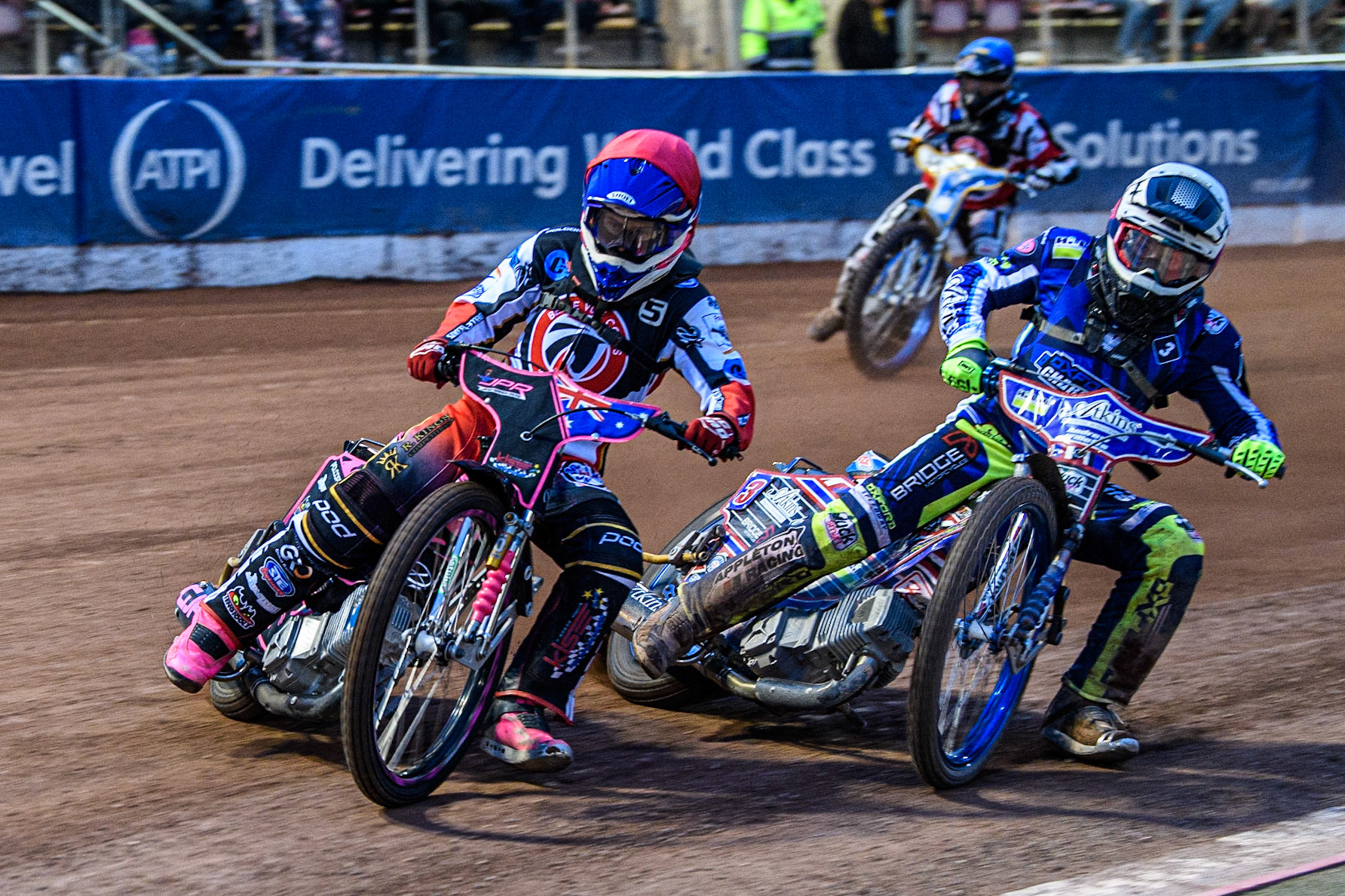 James Pearson  (Red) leads Henry Atkins  (White) with Jack Shimelt  (Blue) behind during the National Development League match between Belle Vue Colts and Oxford Chargers at the National Speedway Stadium, Manchester on Friday 12th May 2023. (Photo: Ian Charles | MI News)