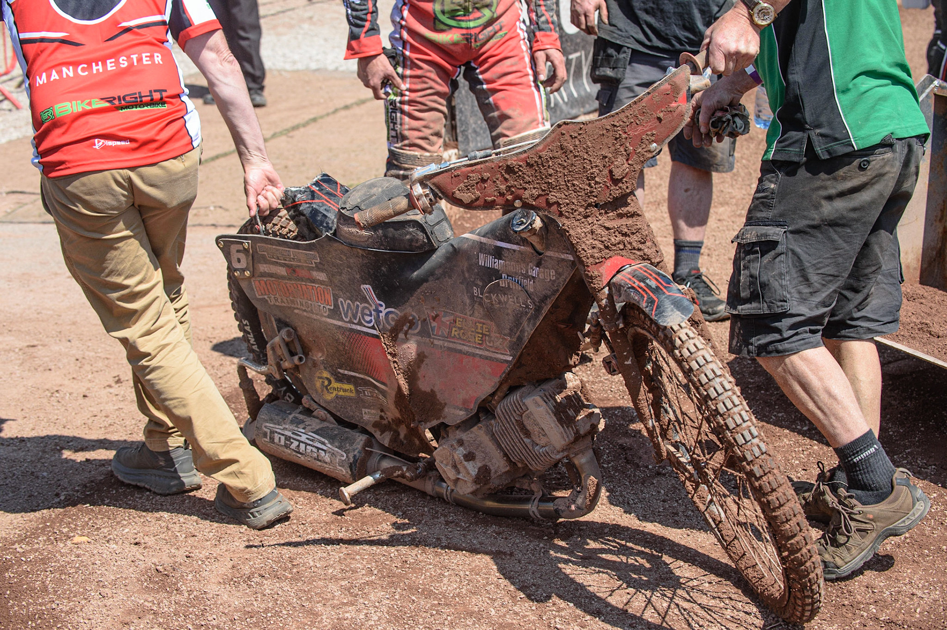 MANCHESTER, UK. MAY 31ST  Jordan Palin’s bike is dragged back into the pits  during the SGB Premiership match between Belle Vue Aces and Peterborough at the National Speedway Stadium, Manchester on Monday 31st May 2021. (Credit: Ian Charles | MI News)