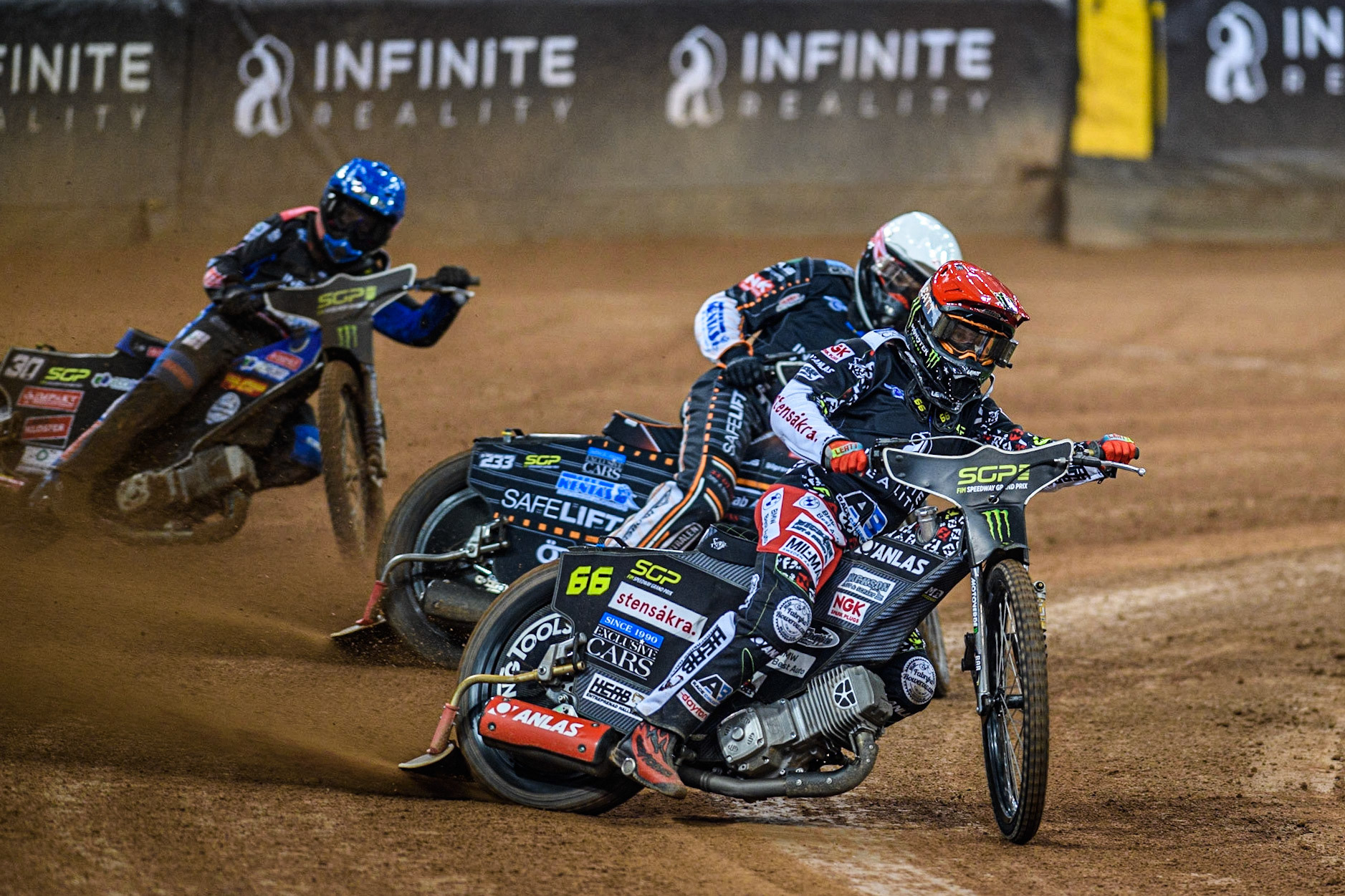 Freddie Lindgren (66) (Red) leads  Kim Nilsson (233) (White) and Leon Madsen (30) (Blue) during the FIM Speedway Grand Prix of Great Britain at the Principality Stadium, Cardiff on Saturday 2nd September 2023. (Photo: Ian Charles | MI News)