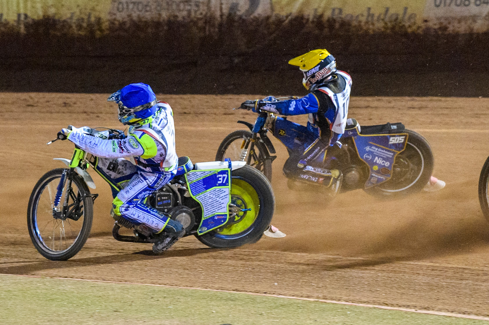 Chris Harris in Blue rides inside Robert Lambert in Yellow during the Attis Insurance Sports Division British Final at the National Speedway Stadium, Manchester on Monday 12th May 2025. (Photo: Ian Charles | MI News)