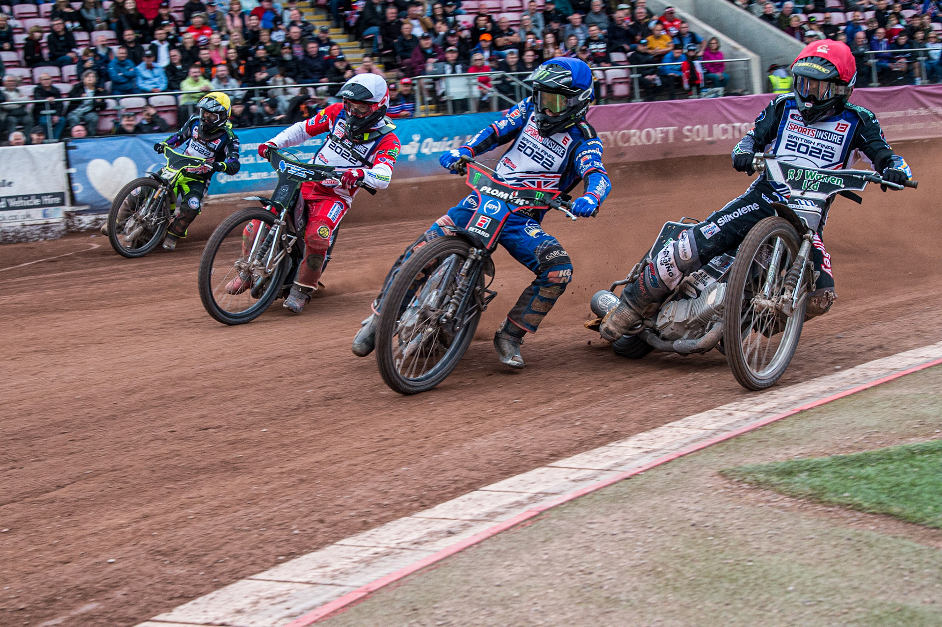 The Final : (l - r) Tom Brennan  (Yellow) Craig Cook  (White), Dan Bewley  (Blue) and Danny King  (Red) during the Sports Insure British Speedway Final, at the National Speedway Stadium, Manchester, on Sunday 18th September 2022. (Credit: Ian Charles | MI News )