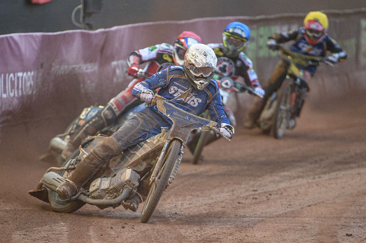 MANCHESTER, UK. AUGUST 23RD    Richard Lawson  (White) leads Steve Worrall  (Red) Charles Wright  (Blue) and Ben Barker  (Yellow) during the SGB Premiership match between Belle Vue Aces and King's Lynn Stars at the National Speedway Stadium, Manchester on Monday 23rd August 2021. (Credit: Ian Charles | MI News)