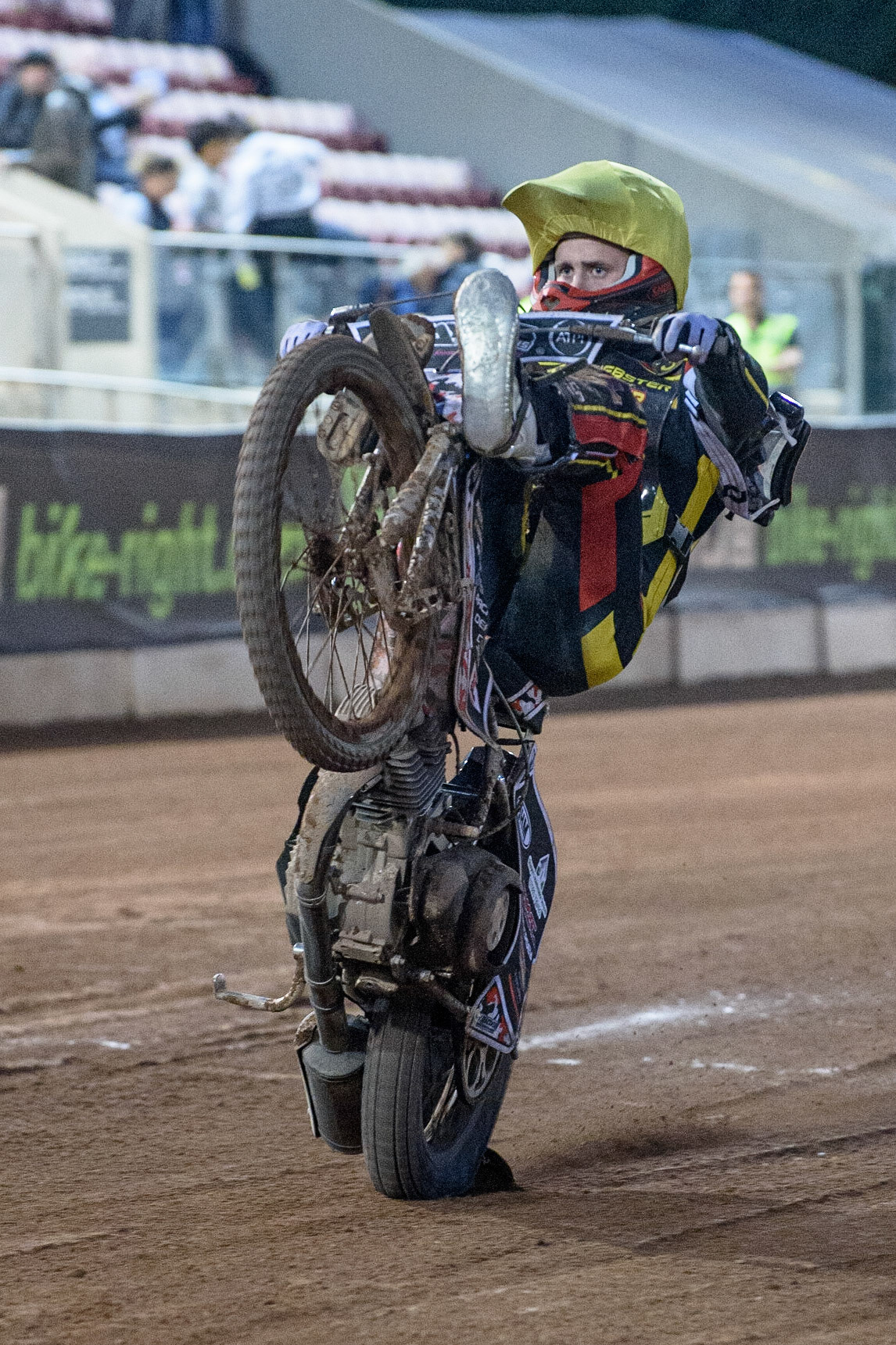 MANCHESTER, UK. JULY 29TH   Joe Lawlor  wheelies during the National Development League match between Belle Vue Colts and Leicester Lion Cubs at the National Speedway Stadium, Manchester on Thursday 29th July 2021. (Credit: Ian Charles | MI News)