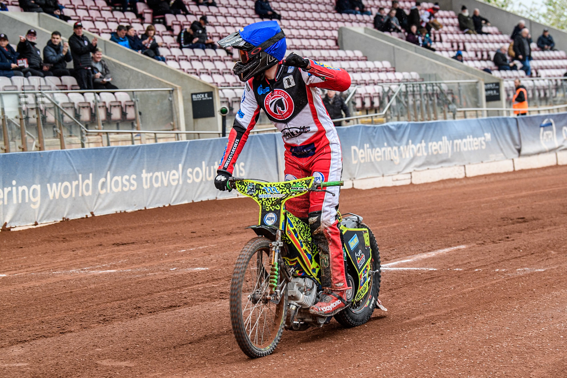Belle Vue Colts' William Cairns waves to the fans after his final race of the meeting during the WSRA National Development League match between Belle Vue Colts and Leicester Lion Cubs at the National Speedway Stadium, Manchester on Friday 18th April 2025. (Photo: Ian Charles | MI News)