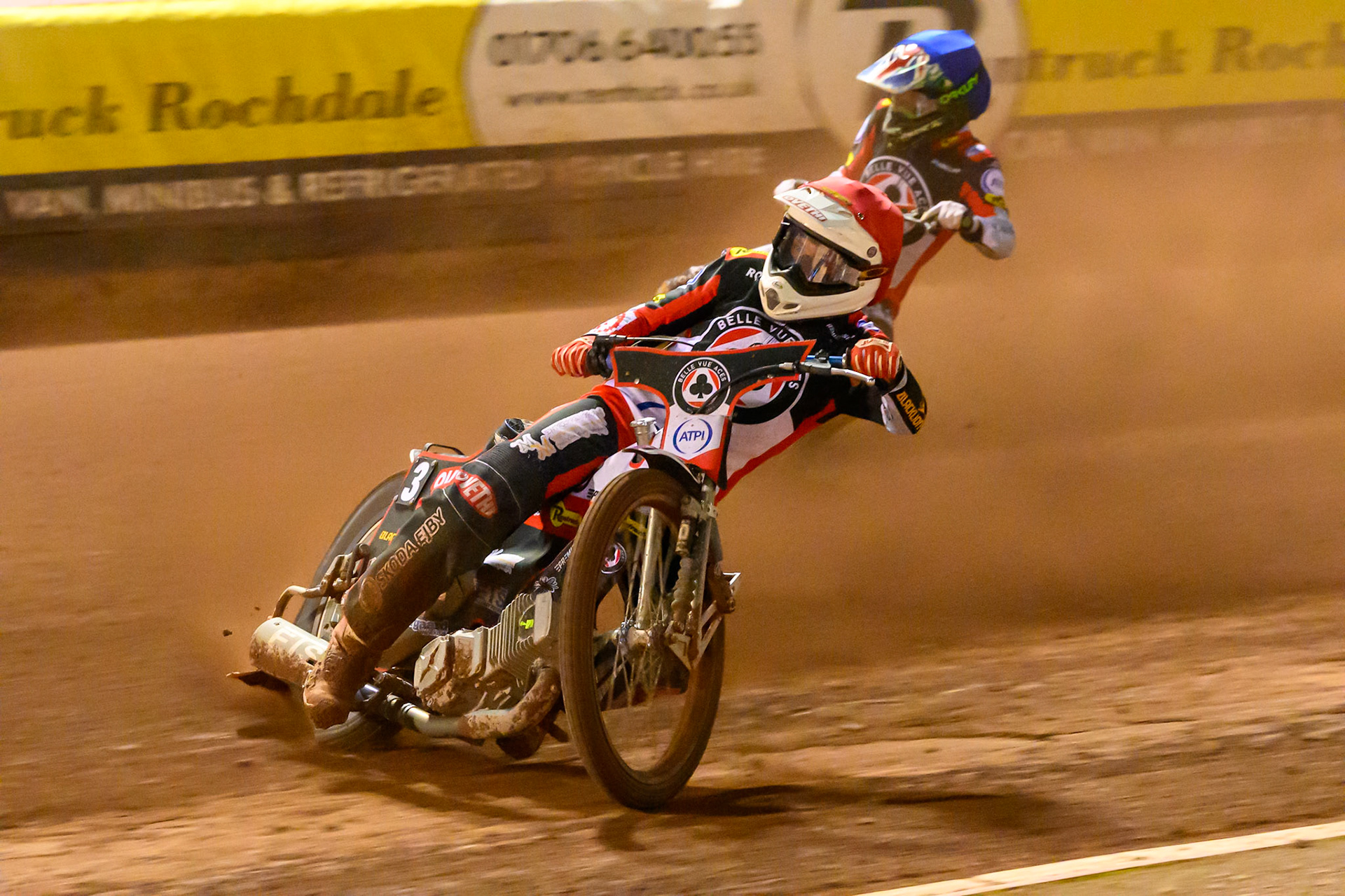 Peter Kildemand of Belle Vue Aces in Red leading William Cairns of Belle Vue Aces in Blue  during the Rowe Motor Oil Premiership match between Belle Vue Aces and Sheffield Tigers at the National Speedway Stadium, Manchester on Monday 14th September 2026. (Photo: Ian Charles | MI News)