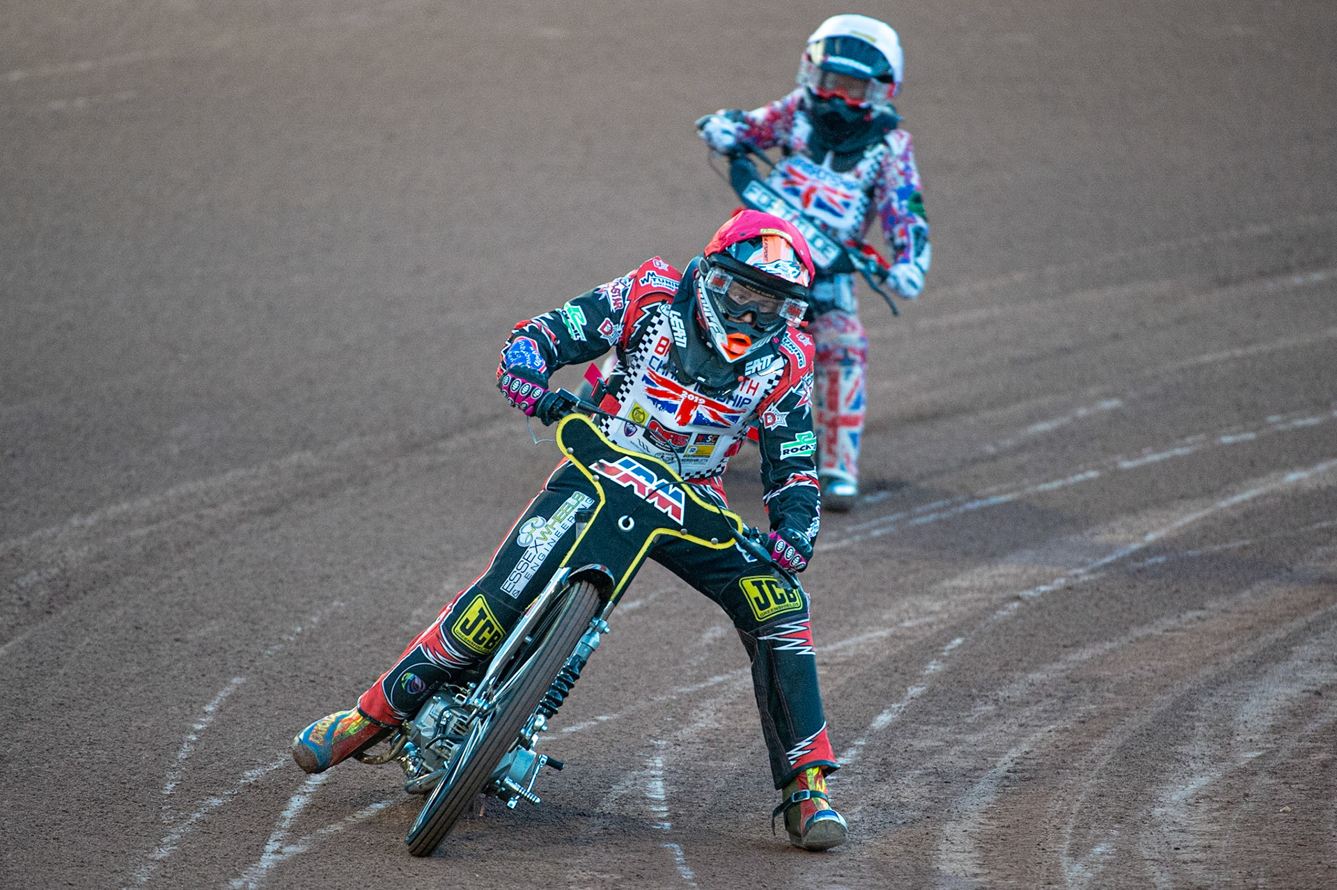 Photo: Ian CharlesHarrison Rogers (Red) leads Ethan Hoare (White) (125cc B Class)British Youth Speedway Championship (Round 5), National Speedway Stadium, Manchester Saturday  10  October  2020