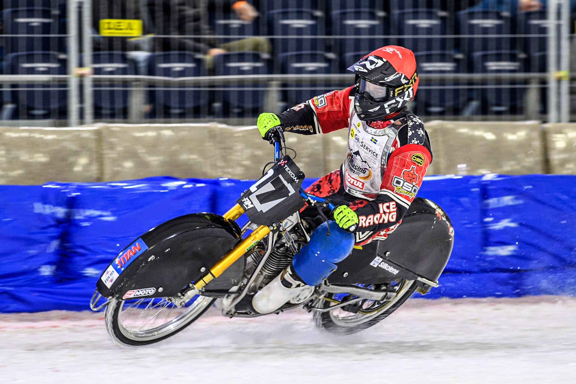 Reserve  Sweden's Filip Jäger (17) in action during the FIM Ice Speedway Gladiators World Championship Final 3 at Ice Rink Thialf, Heerenveen on Saturday 6th April 2024. (Photo: Ian Charles | MI News)