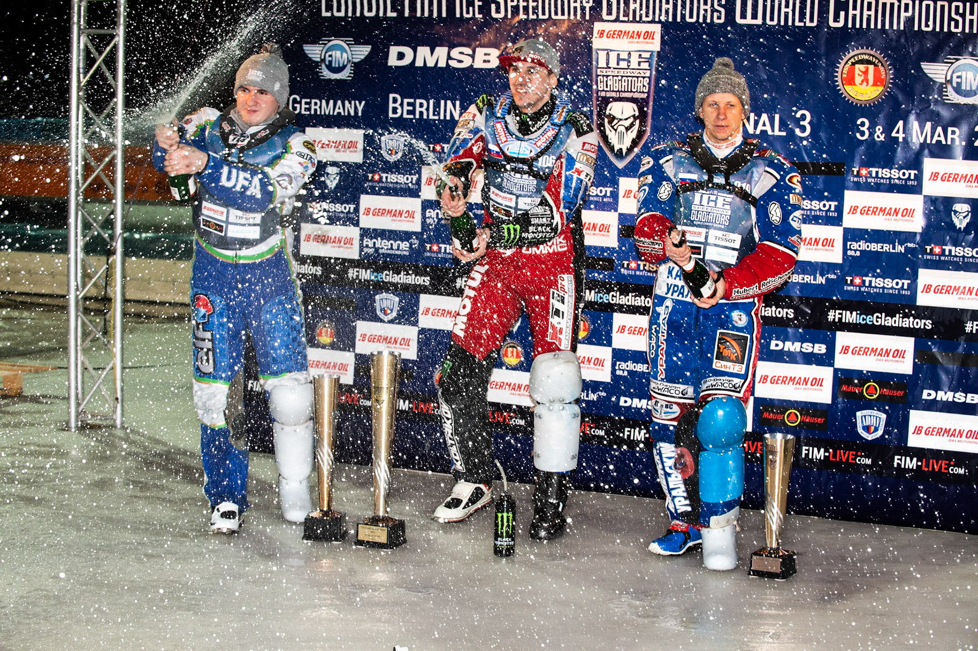 Photo: Ian Charles

Champagne capers (L-r) Valeev, Koltakov & Khomitsevich 

FIM Ice Speedway Gladiators World Championship, Final 3.1, Horst-Dohm Eisstadion, Berlin, Germany Saturday  2  March  2019