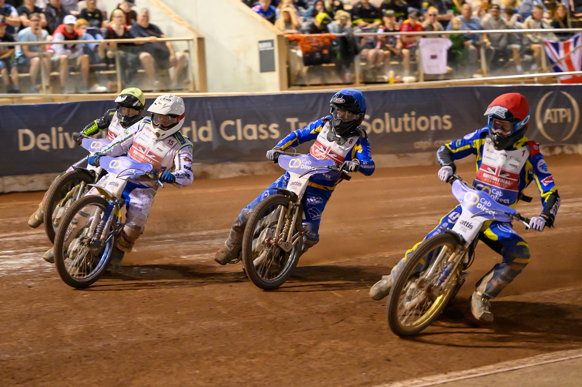 Anders Rowe (1) in Red on the inside of Dan Thompson (8) in Blue , Chris Harris (15) in White  and Danny King (10) in Yellow during the Cab Direct British Speedway Championship Final at the National Speedway Stadium, Manchester on Saturday 15th August 2026. (Photo: Ian Charles | MI News)