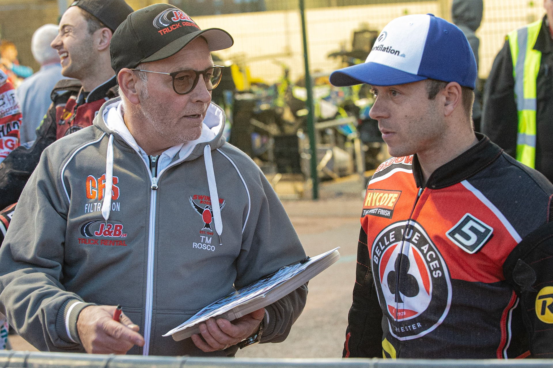 Photo by Ian Charles

Alun Rossiter  (left) chats with Kenneth Bjerre 


Belle Vue Aces v Swindon Robins, British Speedway Premiership, Belle Vue National Speedway Stadium, Manchester, Monday 12  August  2019