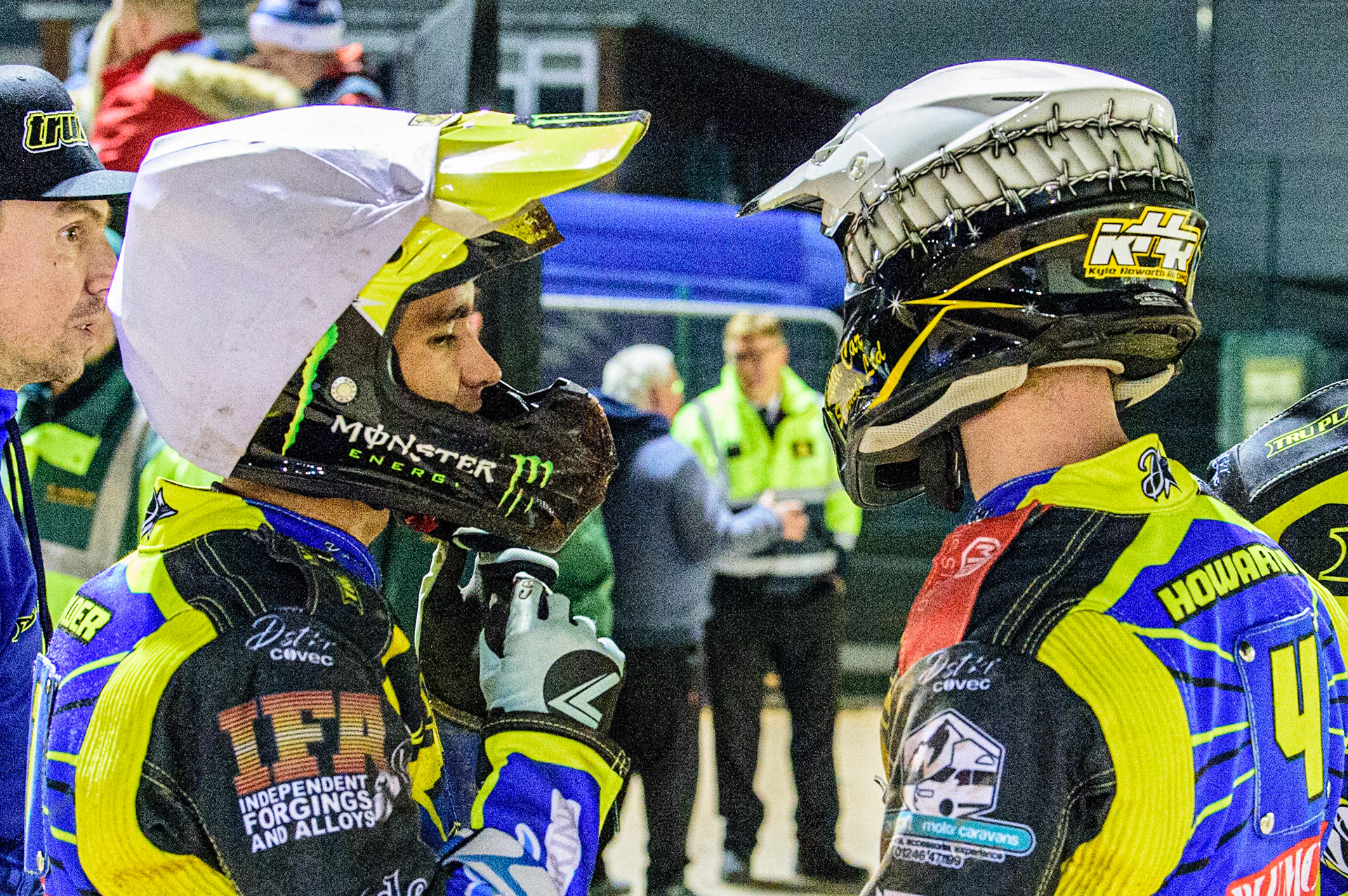 Jack Holder  (left) speaker to team mateKyle Howarth before Kyle’s next heat during the SGB Premiership Grand Final 1st leg between Belle Vue Aces and Sheffield Tigers at the National Speedway Stadium, Manchester on Monday 10th October 2022. (Credit: Ian Charles | MI News)