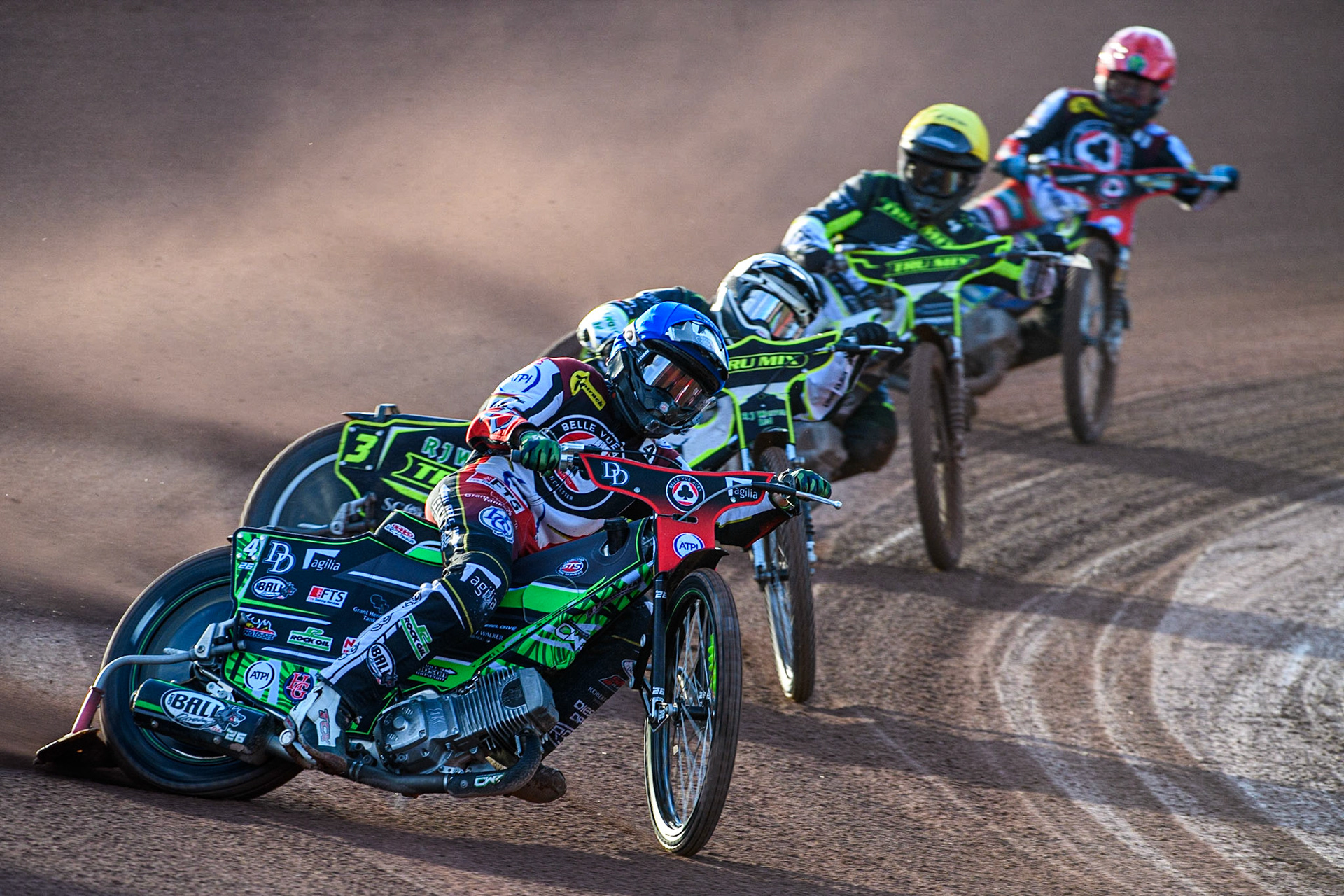 Charles Wright (Blue) leads Danny King (White) Erik Riss (Yellow) and Jaimon Lidsey (Red) during the Sports Insure Premiership match between Belle Vue Aces and Ipswich Witches at the National Speedway Stadium, Manchester on Monday 17th July 2023. (Photo: Ian Charles | MI News)