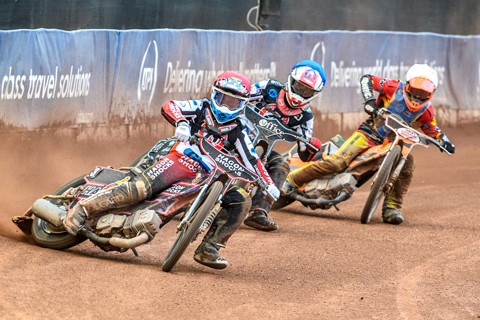 Sam Hagon (Red) leads Freddy Hodder (Blue) and Connor Coles (White) during the National Development League match between Belle Vue Colts and Edinburgh Monarchs Academy at the National Speedway Stadium, Manchester on Friday 21st July 2023. (Photo: Ian Charles | MI News)