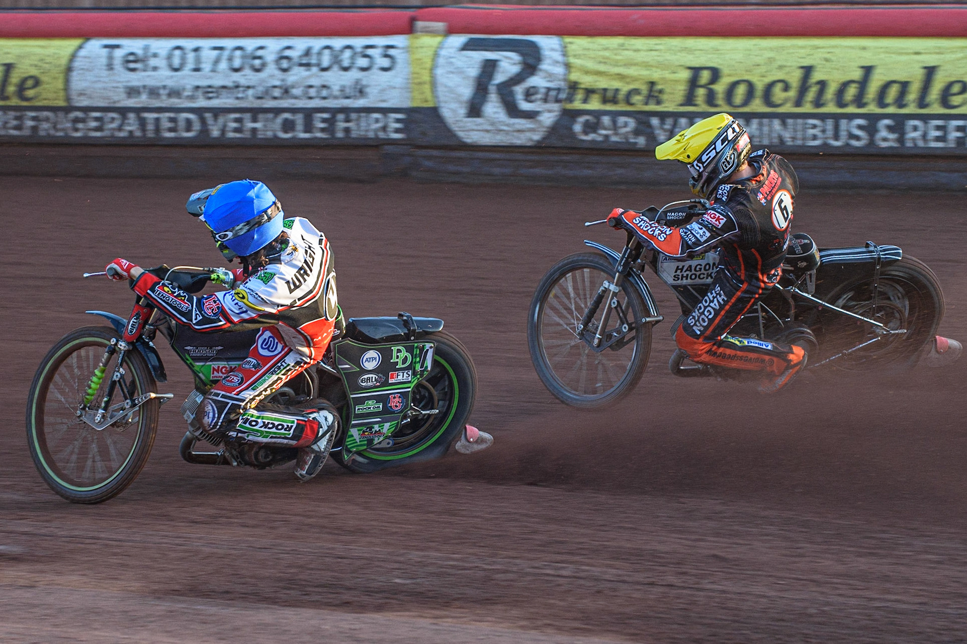 MANCHESTER, UK. JULY 15TH   Charles Wright  (Blue) inside Rory Schlein  (White) during the SGB Premiership match between Belle Vue Aces and Wolverhampton Wolves at the National Speedway Stadium, Manchester on Thursday 15th July 2021. (Credit: Ian Charles | MI News)