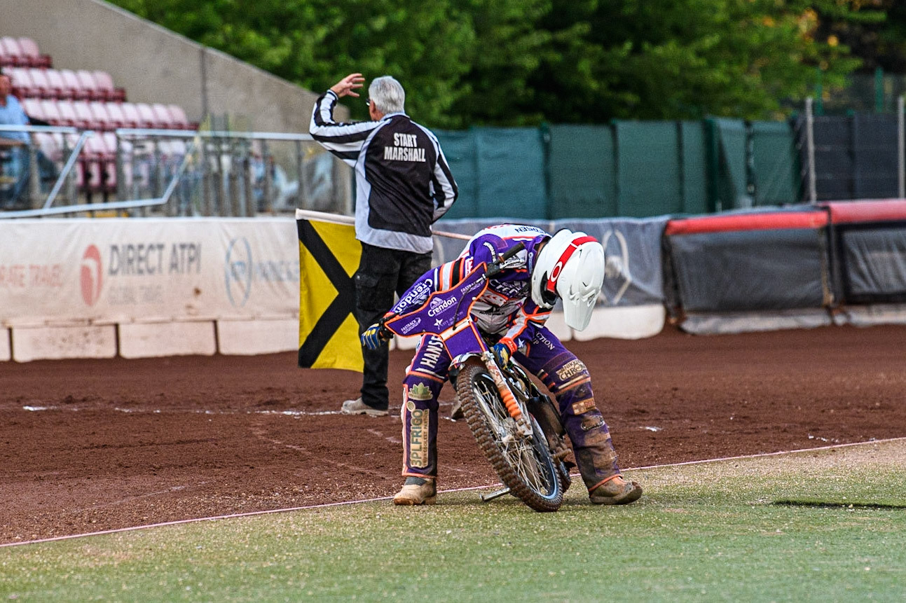 Niels-Kristian Iversen  checks his bike after pulling up during the Sports Insure Premiership match between Belle Vue Aces and Peterborough at the National Speedway Stadium, Manchester on Monday 19th June 2023. (Photo: Ian Charles | MI News)