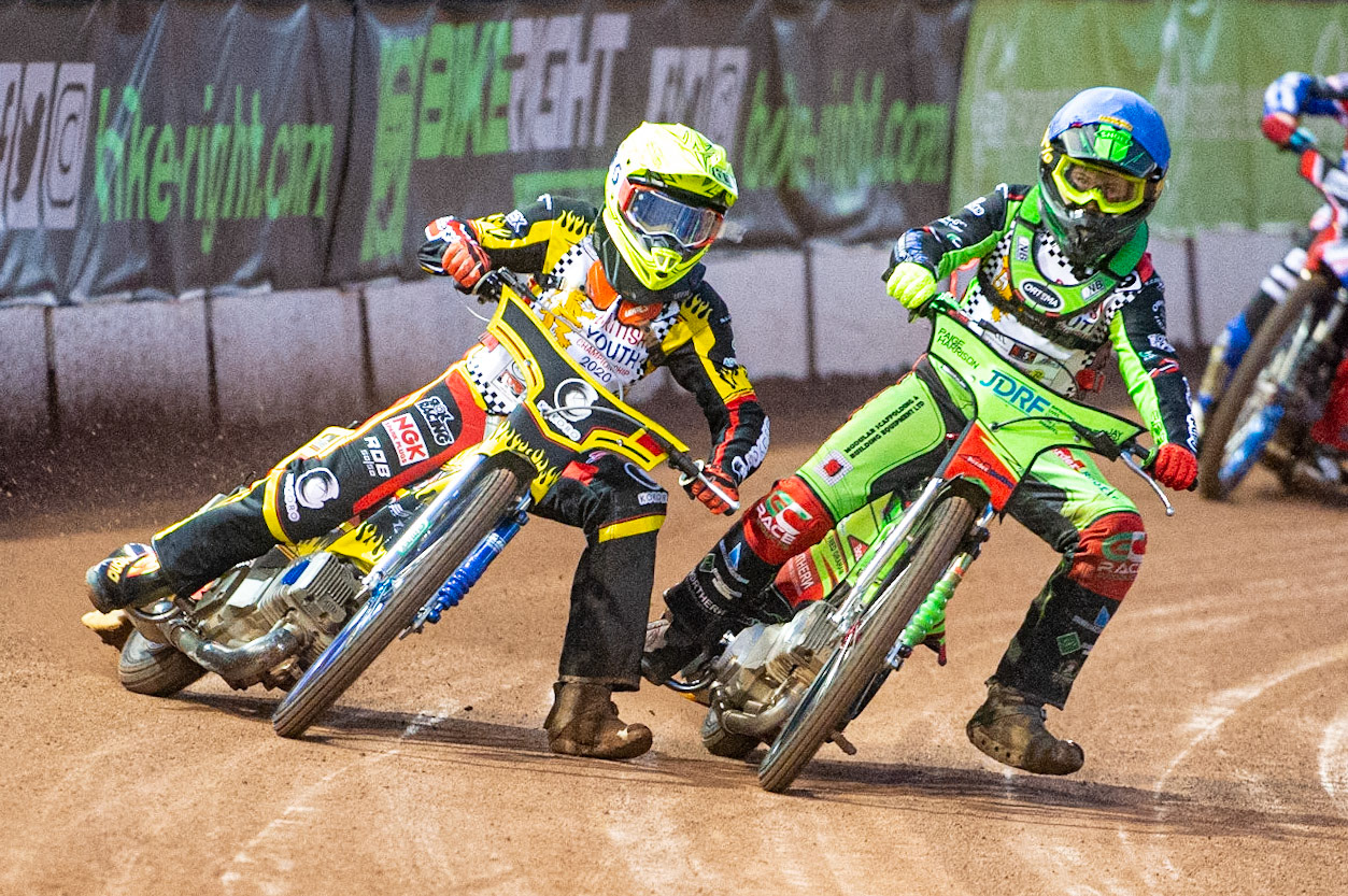 Photo: Ian CharlesLuke Harrison (Blue) and Max James (Yellow) tangle on the back straight (250cc Class)British Youth Speedway Championship (Round 5), National Speedway Stadium, Manchester Saturday  10  October  2020