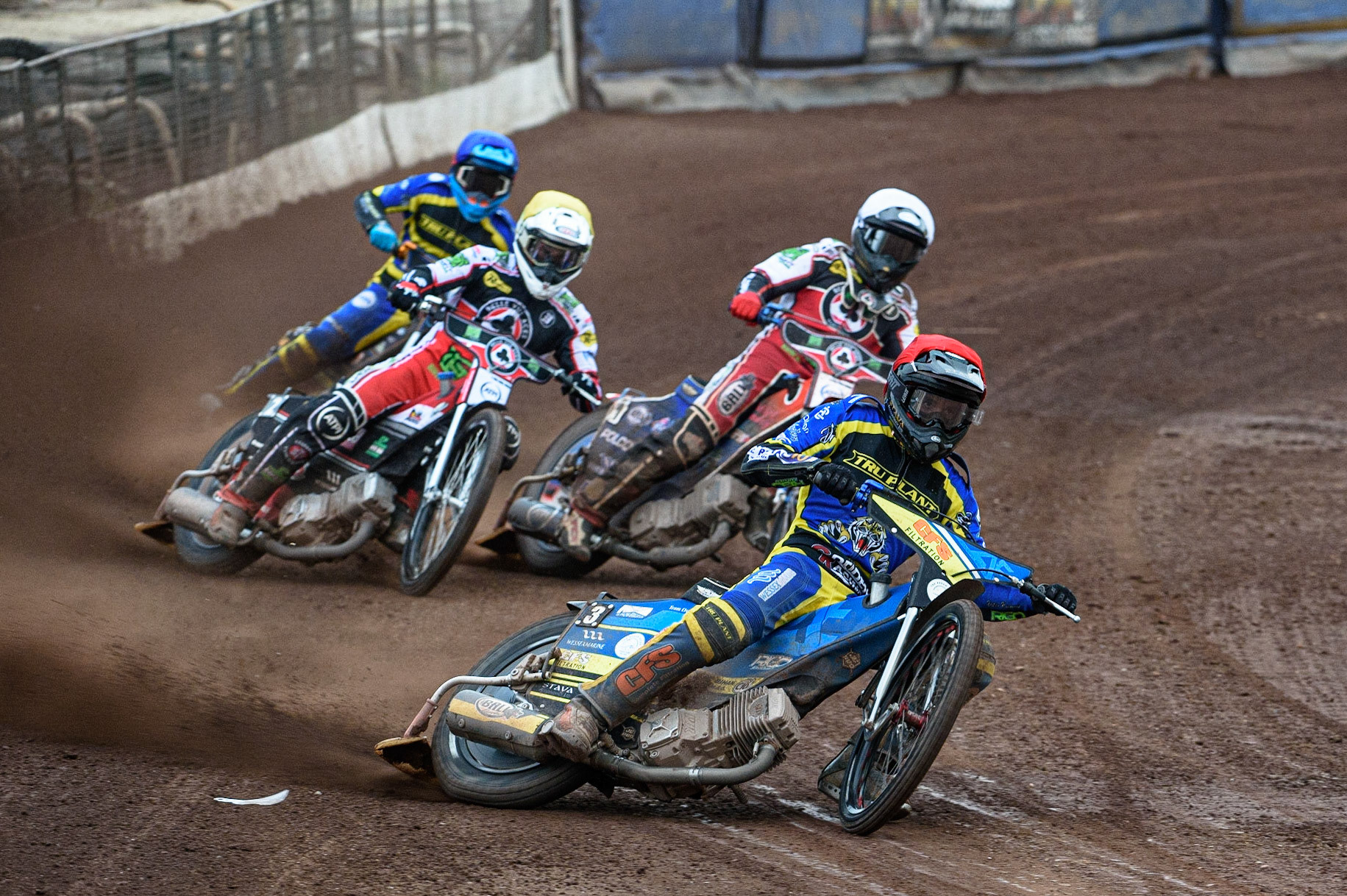 SHEFFIELD, UK. JULY 1ST     Adam Ellis  (Red) leads Brady Kurtz  (White) Richie Worrall  (Yellow) and Justin Sedgmen   (Blue) during the SGB Premiership match between Sheffield Tigers and Belle Vue Aces at Owlerton Stadium, Sheffield on Thursday 1st July 2021. (Credit: Ian Charles | MI News)