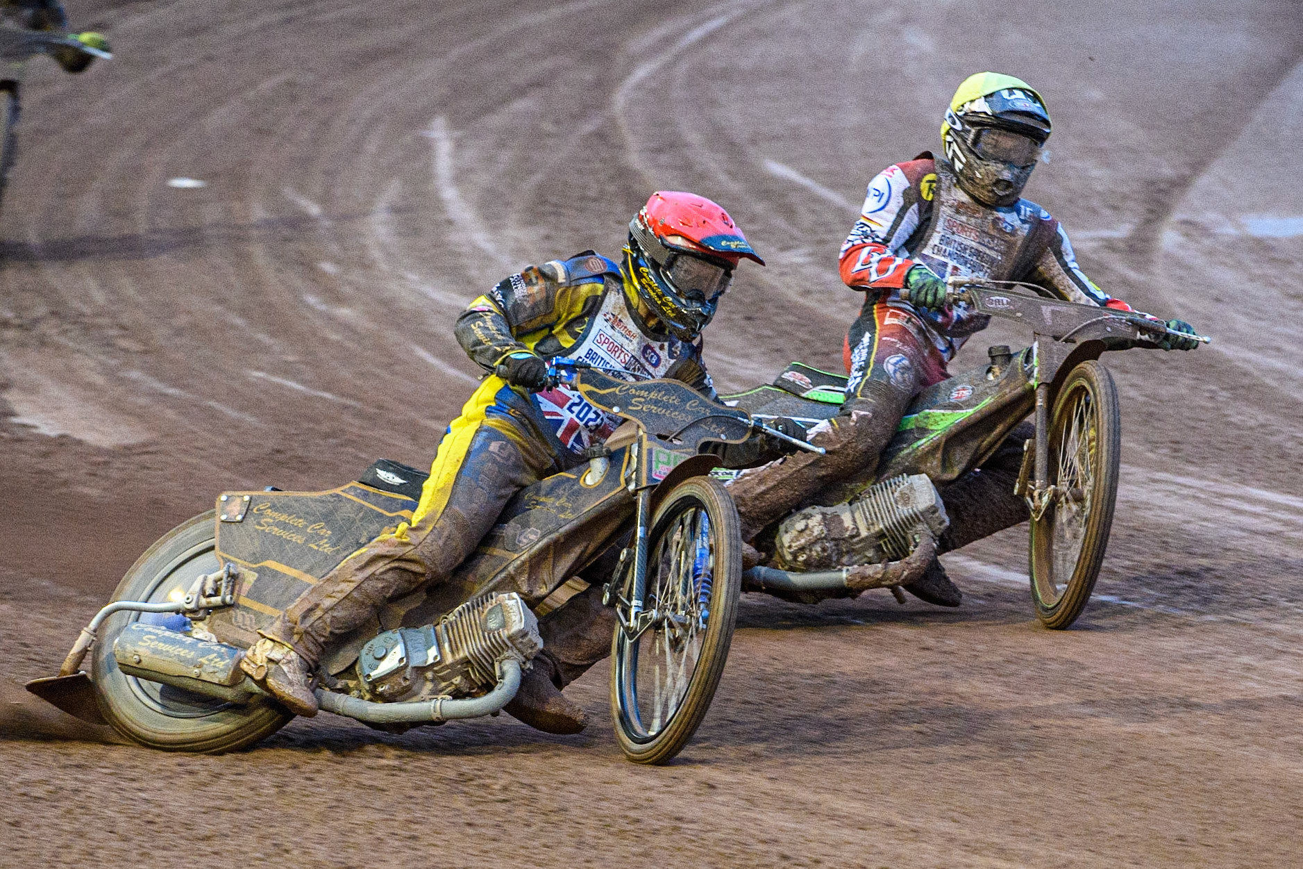 Kyle Howarth (Red) leads Charles Wright  (Yellow) during the Sports Insure British Speedway Final at the National Speedway Stadium, Manchester on Monday 14th August 2023. (Photo: Ian Charles | MI News)