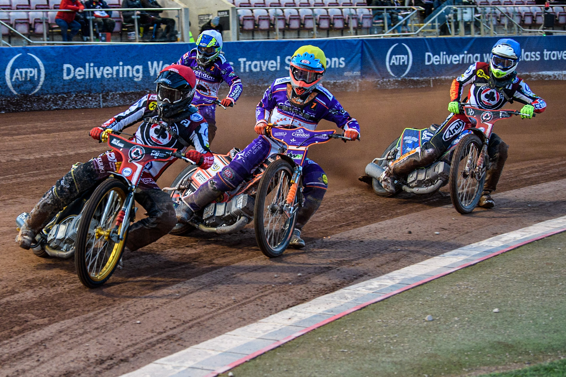 Norick Blodorn  (Red) leads Jordan Jenkins  (Yellow), Hans Andersen  (White) and Jake Mulford  (Blue) during the SGB Premiership match between Belle Vue Aces and Peterborough at the National Speedway Stadium, Manchester on Monday 24th April 2023. (Photo: Ian Charles | MI News)