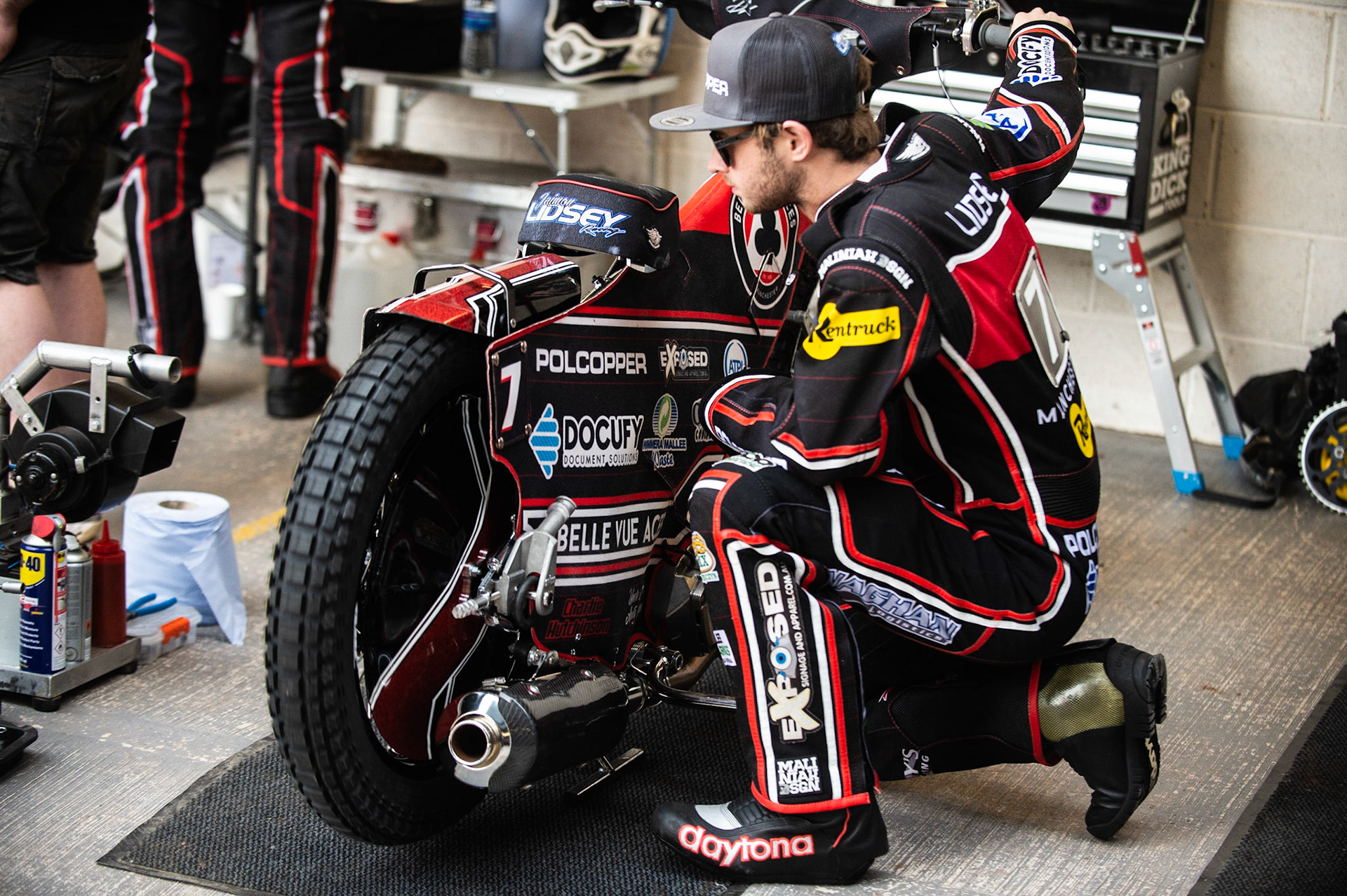 Photo by Ian Charles:

Jaimon Lidsey works on his bike 

Belle Vue Aces v Wolverhampton Wolves, National Speedway Stadium, Manchester, Monday, 22, April, 2019