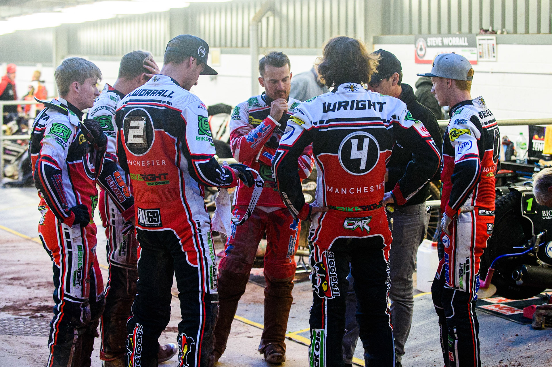 MANCHESTER, UK. AUG 9TH Belle Vue BikeRight Aces team huddle during the SGB Premiership match between Belle Vue Aces and Peterborough at the National Speedway Stadium, Manchester on Monday 9th August 2021. (Credit: Ian Charles | MI News)
