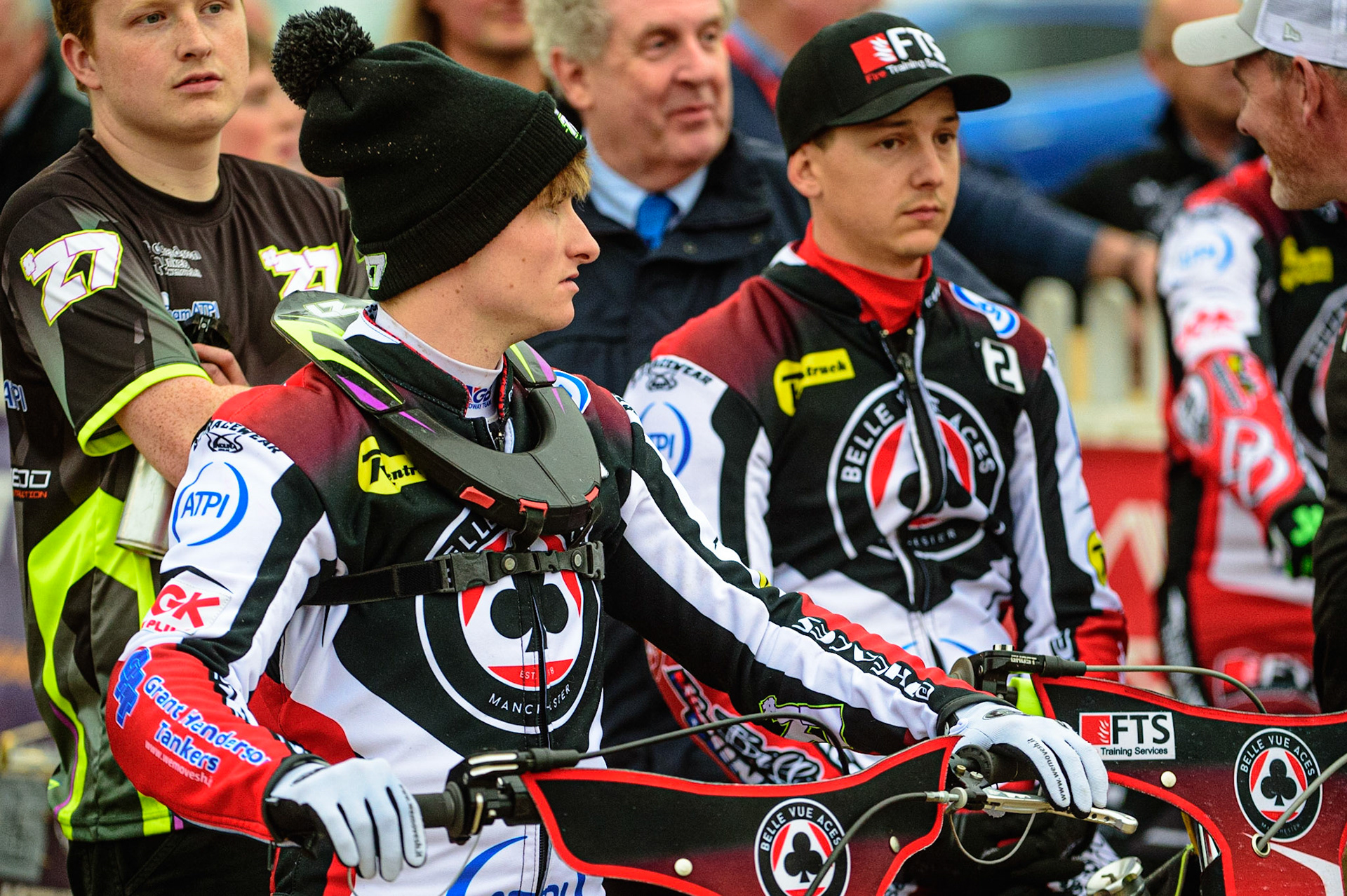 PETERBOROUGH, UK. MAY 9TH  Tom Brennan (left) and Jye Etheridge  wait to go on the parade during the SGB Premiership match between Peterborough Panthers and Belle Vue Aces at East of England Showground, Peterborough on Monday 9th May 2022. (Credit: Ian Charles | MI News)