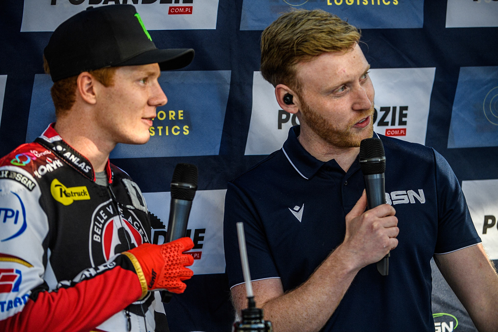 Dan Bewley (left) talks BSN Presenter Paul Bowen through some action during the Sports Insure Premiership Knock Out Cup Quarter Final 2nd Leg between Belle Vue Aces and Wolverhampton Wolves at the National Speedway Stadium, Manchester on Thursday 18th May 2023. (Photo: Ian Charles | MI News)