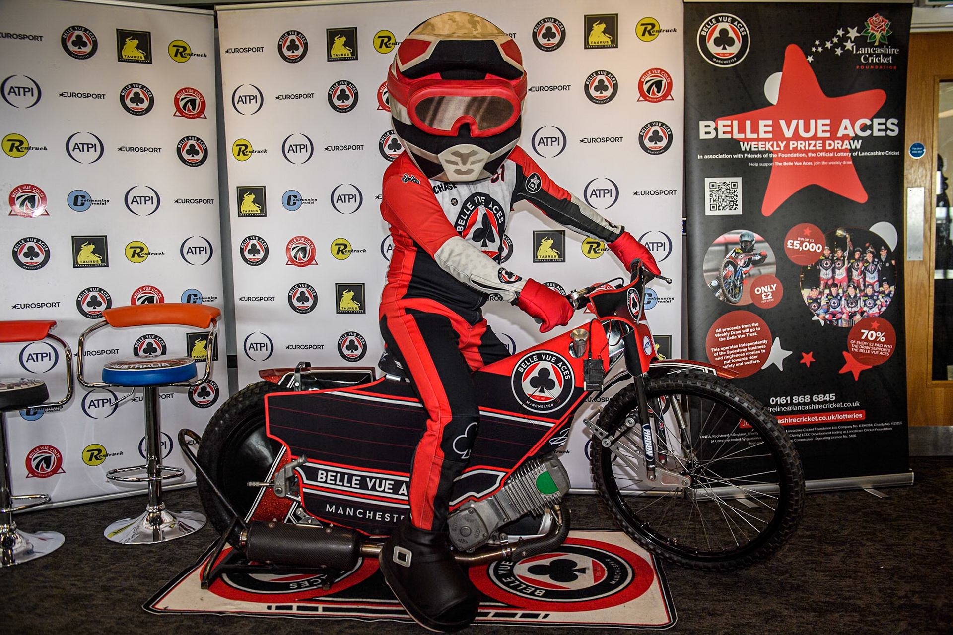 Belle Vue ATPI Aces mascot Chase The Ace during the Rowe Motor Oil Premiership match between Belle Vue Aces and Sheffield Tigers at the National Speedway Stadium, Manchester on Monday 27th May 2024. (Photo: Ian Charles | MI News)