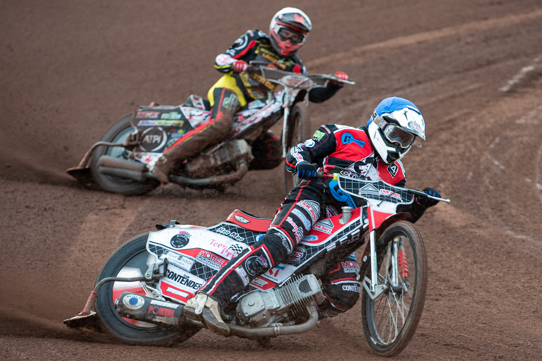Photo: Ian Charles

Danny Phillips  (Blue) leads Joe Lawlor  (White)

Belle Vue Colts v Leicester Cubs, SGB National League, Belle Vue National Speedway Stadium, Manchester, Thursday 8  August  2019
