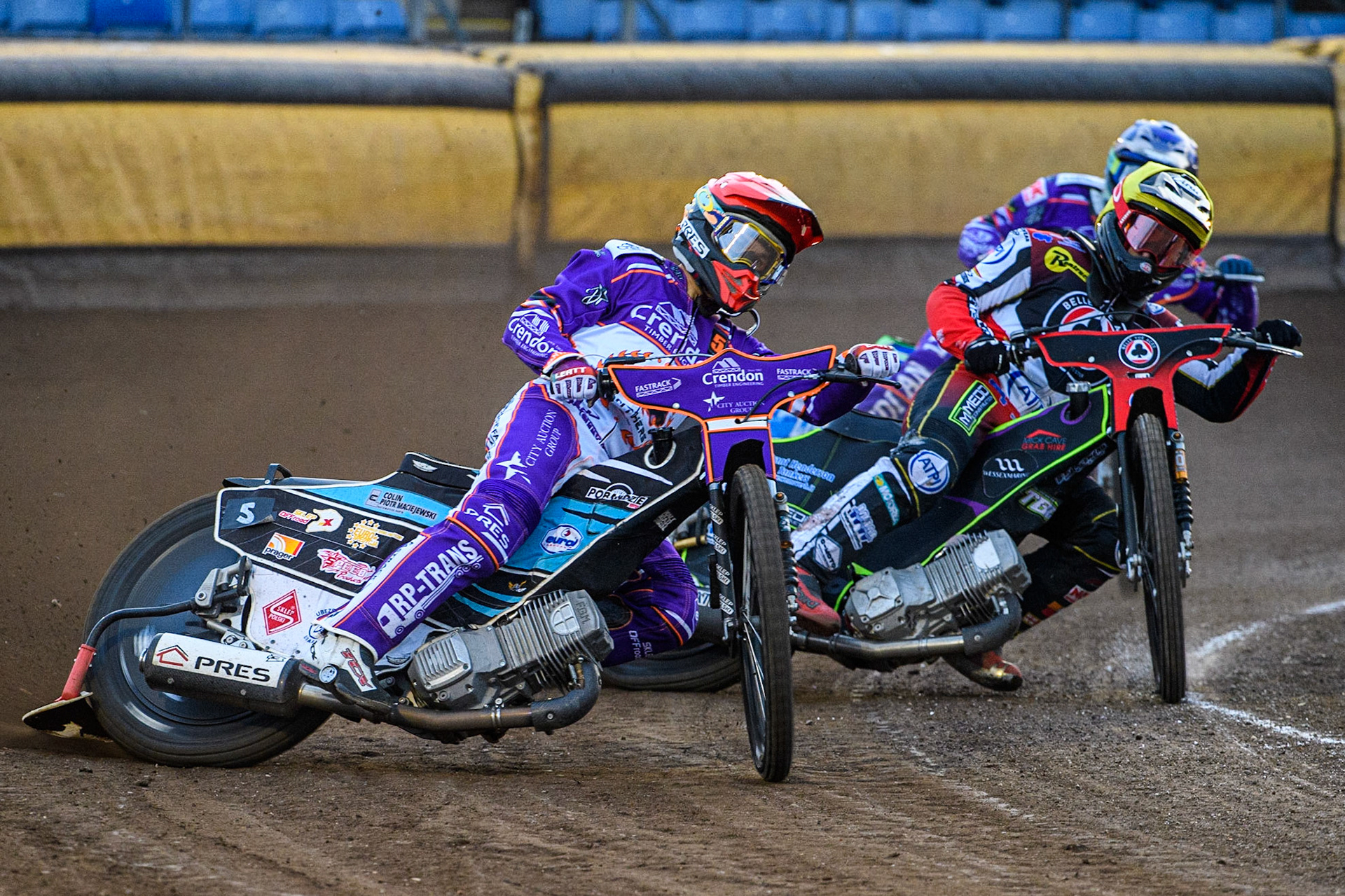 Vadim Tarasenko (Red) leads Tom Brennan (Yellow) and Hans Andersen (Blue) during the Sports Insure Premiership match between Peterborough and Belle Vue Aces at East of England Showground, Peterborough on Monday 26th June 2023. (Photo: Ian Charles | MI News)