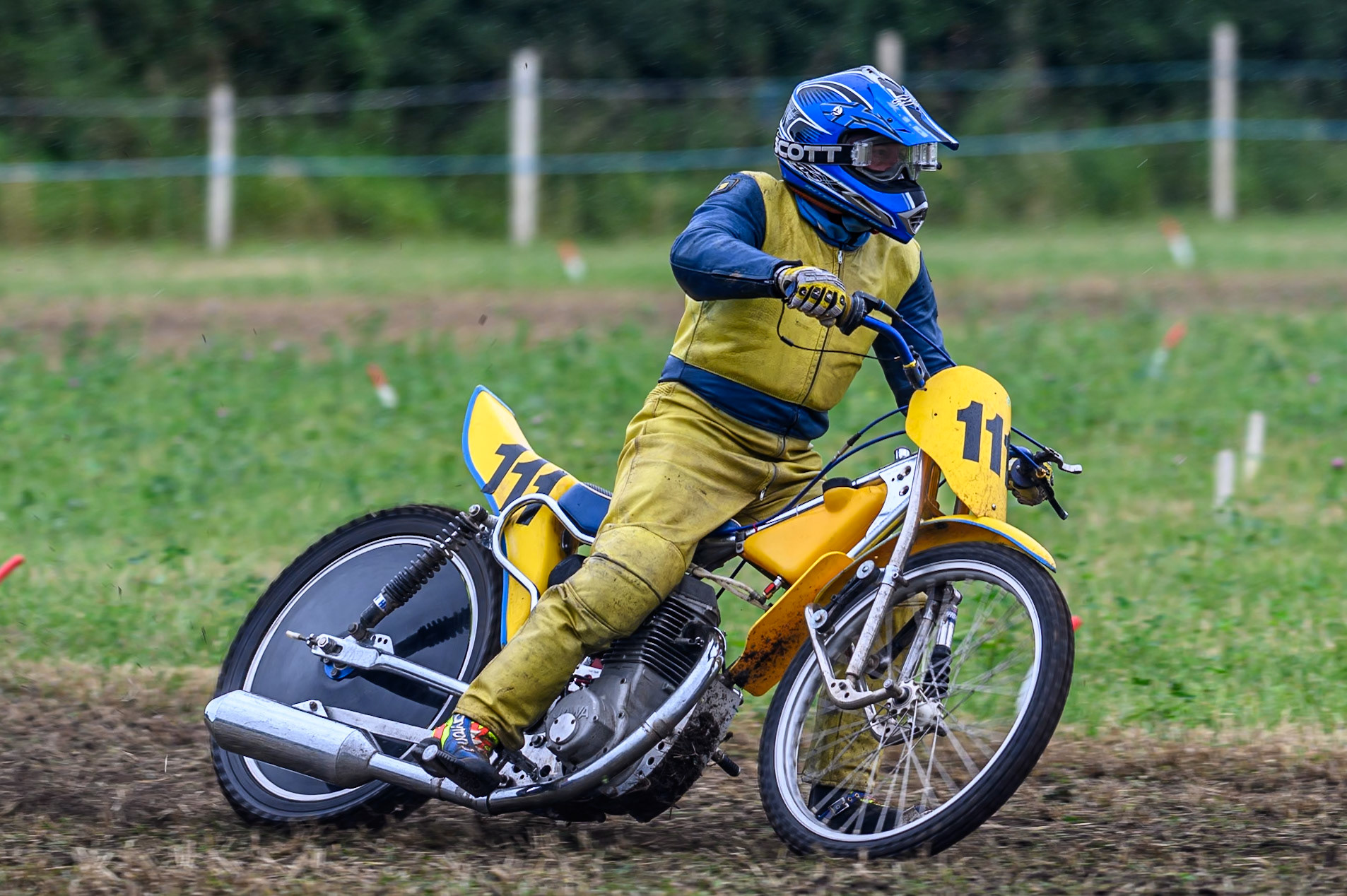 Roger Newton (111) in action in the Upright Engine Class during the ACU Northern Grass Track Riders Championship at Cheshire Grass Track Club, Frog Lane, Knutsford, Cheshire on Sunday 20th July 2025. (Photo: Ian Charles | MI News)