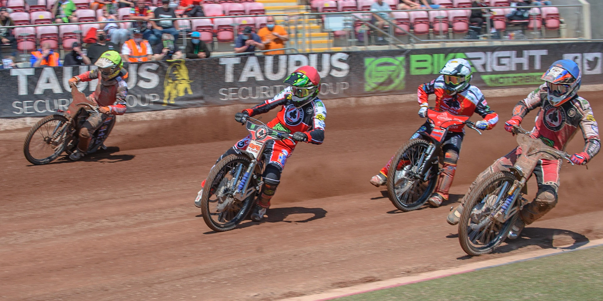 MANCHESTER, UK. MAY 31ST  Dan Bewley  (Red) and Steve Worrall  (Blue) lead Chris Harris  (White) and Ulrich Ostergaard  (Yellow) during the SGB Premiership match between Belle Vue Aces and Peterborough at the National Speedway Stadium, Manchester on Monday 31st May 2021. (Credit: Ian Charles | MI News)
