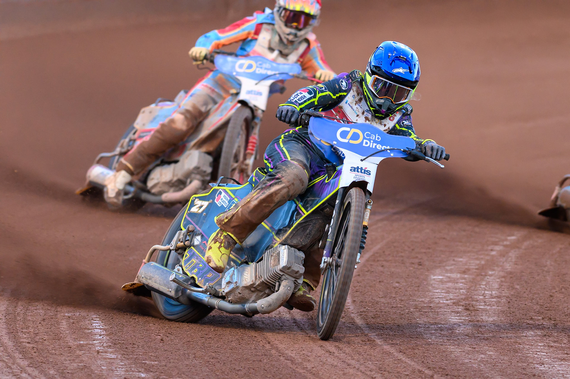 Tom Brennan (16) in Blue leading Drew Kemp (6) in Red during the Cab Direct British Speedway Championship Final at the National Speedway Stadium, Manchester on Saturday 15th August 2026. (Photo: Ian Charles | MI News)
