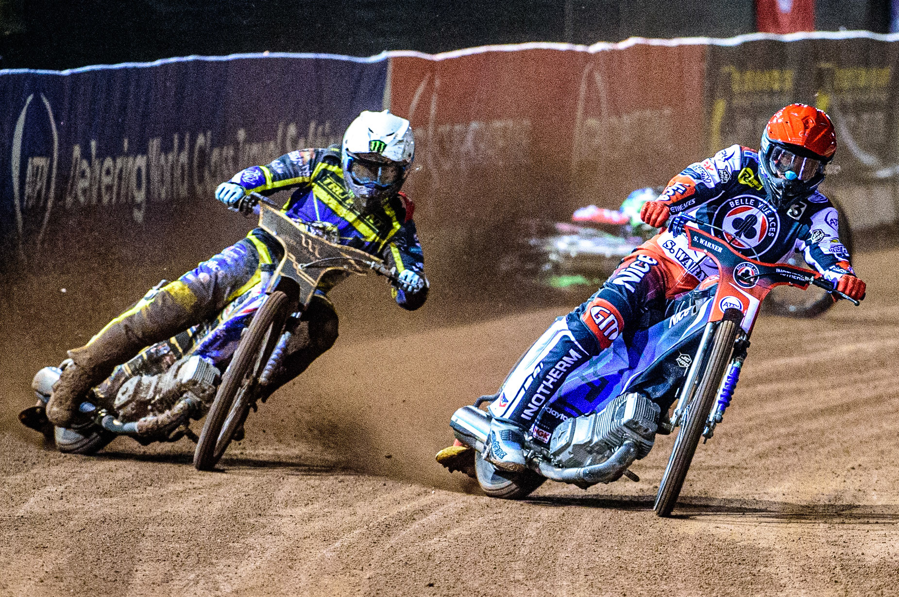 Jack Holder  (White) collides with Charles Wright  (Blue) behind Matej Zagar  (Red) during the SGB Premiership Grand Final 1st leg between Belle Vue Aces and Sheffield Tigers at the National Speedway Stadium, Manchester on Monday 10th October 2022. (Credit: Ian Charles | MI News)