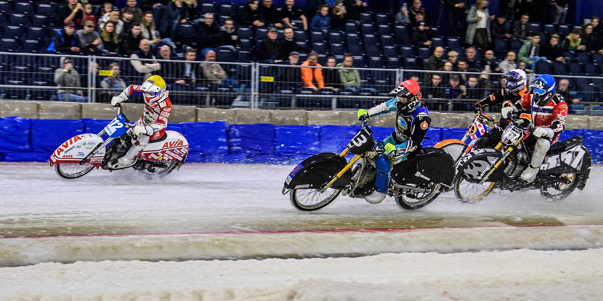 Niek Schaap of The Netherlands in Yellow leading Filip Jäger of Sweden in Red Jo Saetre of Norway in Blue and Sebastian Reitsma of The Netherlands in White during the Roelof Thijs Bokaal at Ice Rink Thialf, Heerenveen, The Netherlands on Friday 5th April 2024. (Photo: Ian Charles | MI News)