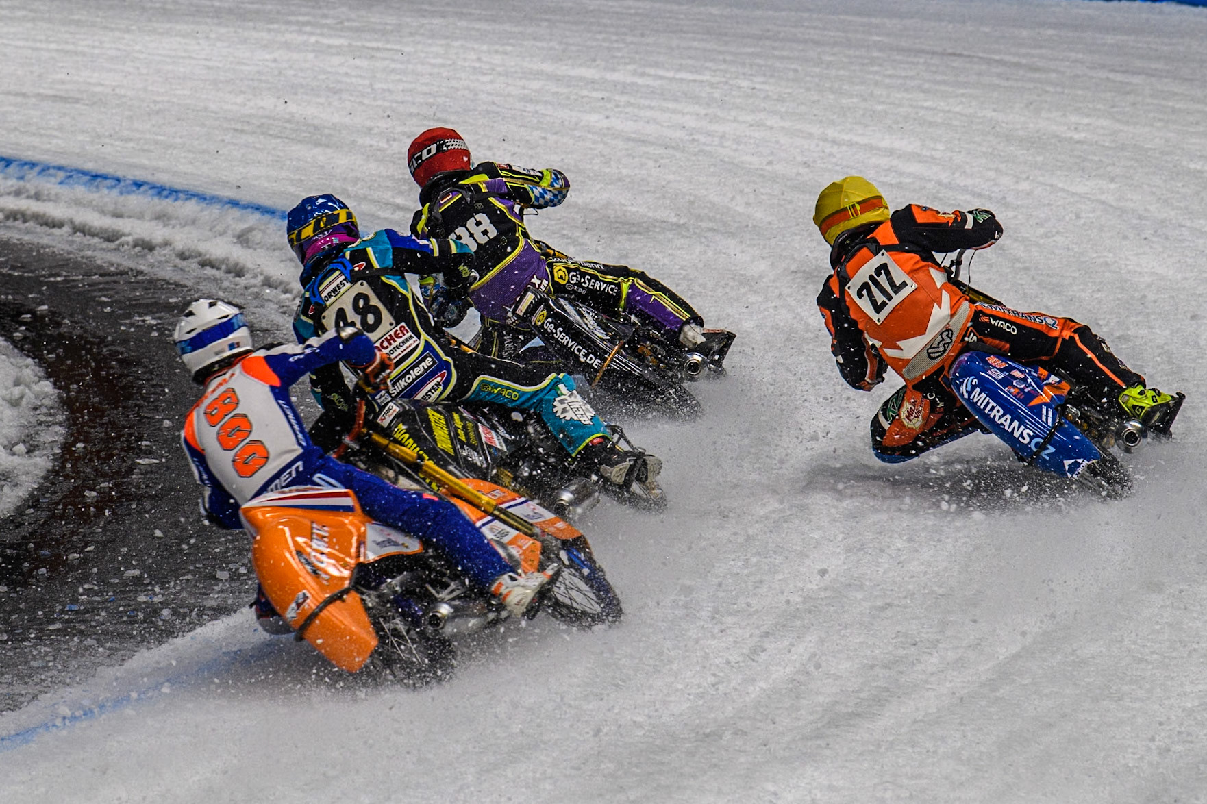 Jasper Iwema (800) of The Netherlands in White chases Luca Bauer (48) of Germany in Blue, Lukas Hutla (212) of the Czech Republic in Yellow and Max Niedermaier  (88) of Germany in Red during the Ice Speedway Gladiators World Championship Final 2 at Max-Aicher-Arena, Inzell on Sunday 16th March 2025. (Photo: Ian Charles | MI News)