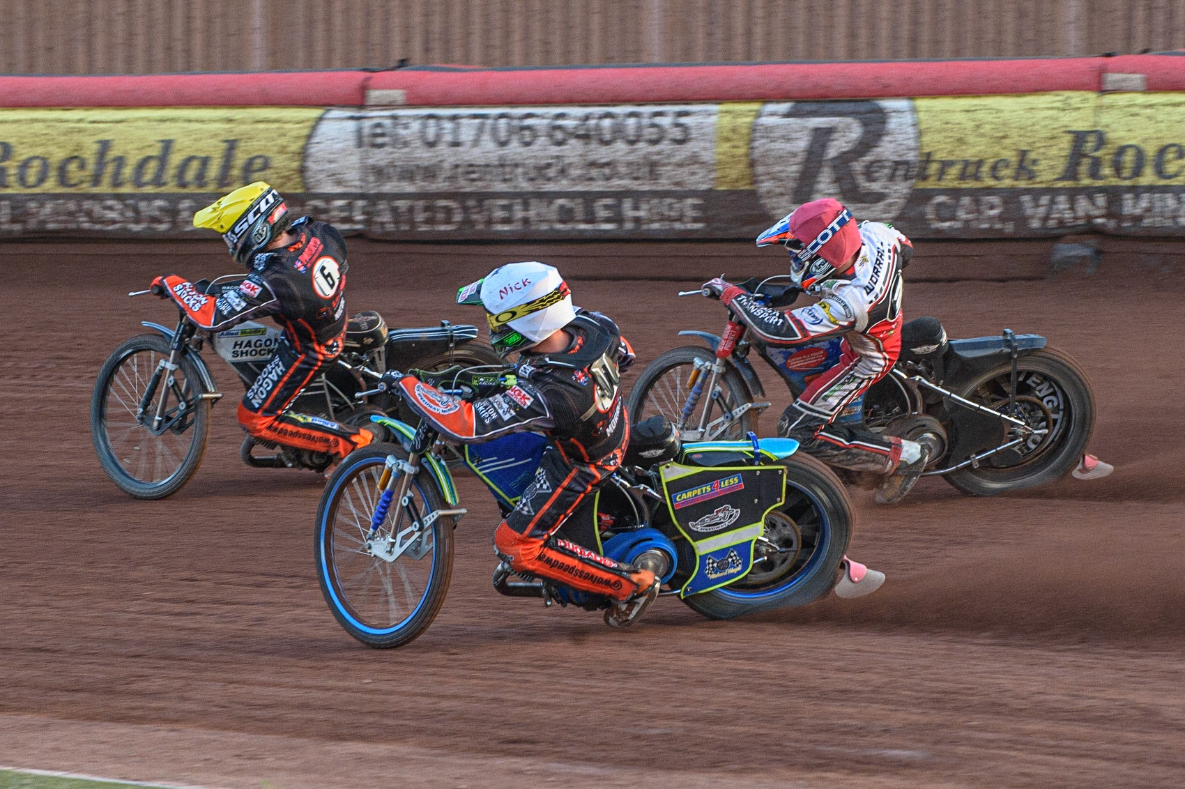 MANCHESTER, UK. JULY 15TH   Broc Nicol  (Yellow) and Nick Morris  (White) pass Steve Worrall (Red) during the SGB Premiership match between Belle Vue Aces and Wolverhampton Wolves at the National Speedway Stadium, Manchester on Thursday 15th July 2021. (Credit: Ian Charles | MI News)