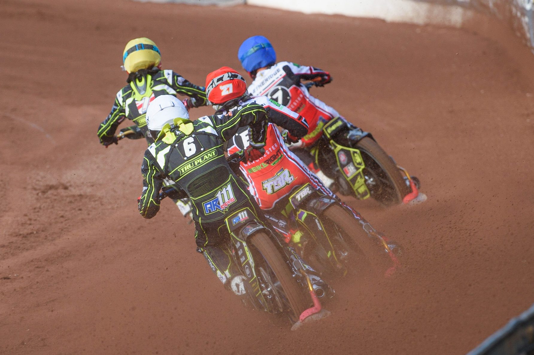 MANCHESTER, UK. JUNE 7TH   Anders Rowe  (White) chases Tom Brennan  (Red) Jye Etheridge  (Blue) and team mate Drew Kemp  (Yellow) during the SGB Premiership match between Belle Vue Aces and Ipswich Witches at the National Speedway Stadium, Manchester on Monday 7th June 2021. (Credit: Ian Charles | MI News)