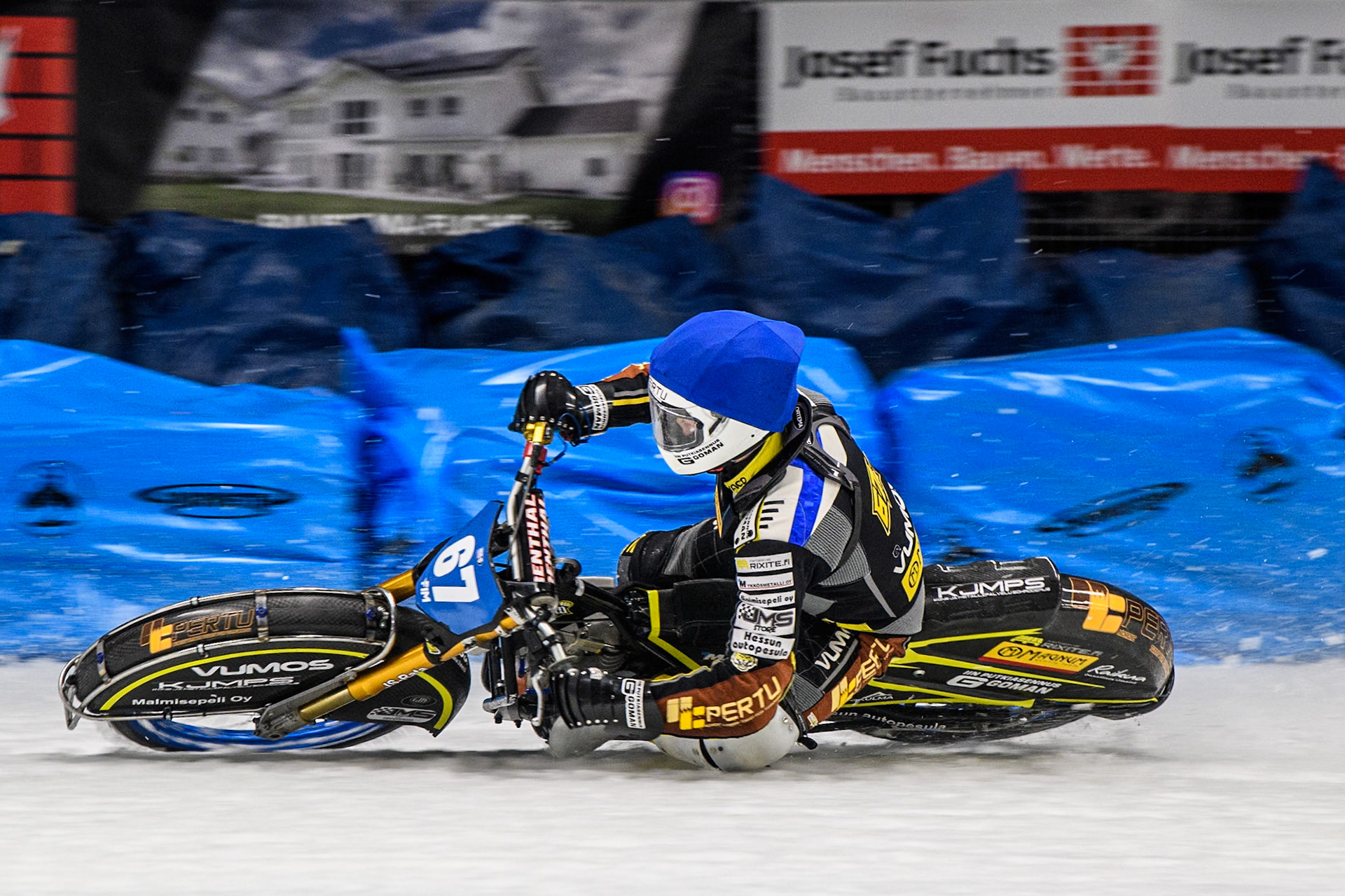 Heikki Huusko (67) of Finland in action during the Ice Speedway Gladiators World Championship Final 1 at Max-Aicher-Arena, Inzell on Saturday 15th March 2025. (Photo: Ian Charles | MI News)
