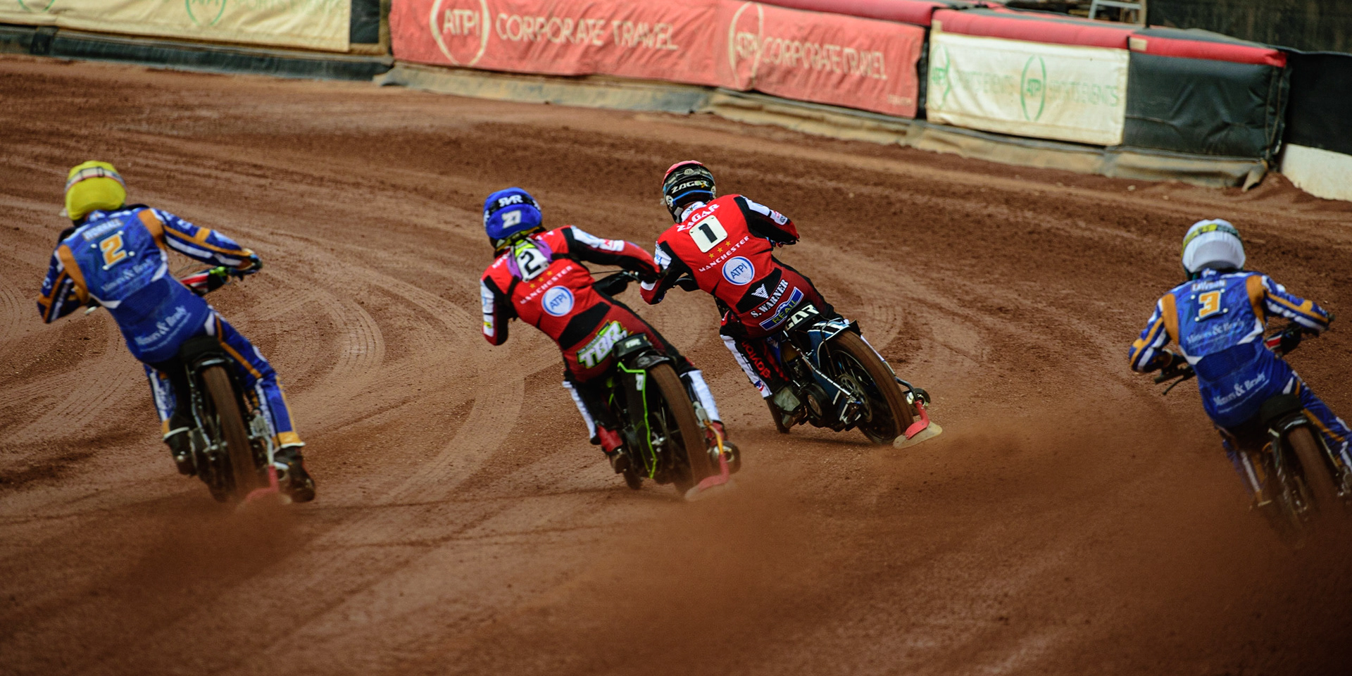 MANCHESTER UK  (l - r) Richie Worrall  (Yellow), Tom Brennan  (Blue) Matej Zagar  (Red) and Richard Lawson  (White) during the SGB Premiership match between Belle Vue Aces and King's Lynn Stars at the National Speedway Stadium, Manchester on Monday 11th July 2022. (Credit: Ian Charles | MI News)