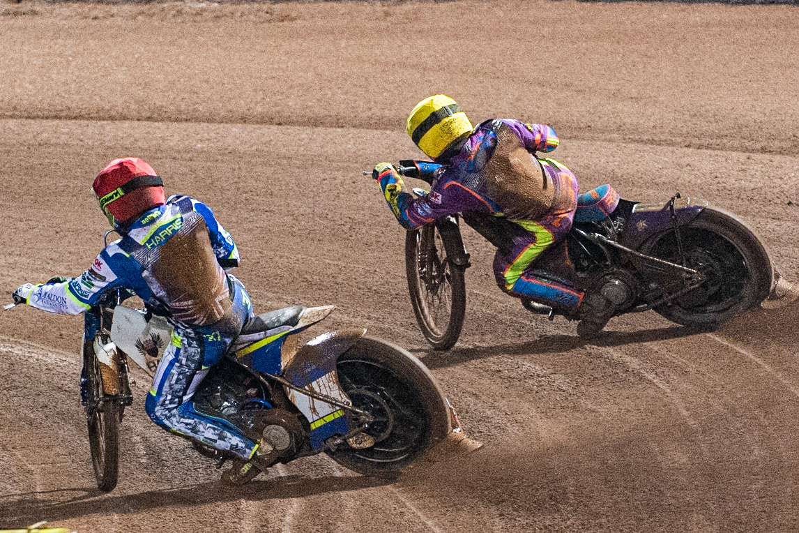 Photo: Ian CharlesChris Harris  (Red)  chases  Rory Schlein  (Yellow) Sports Insure British Speedway Championship Final, National Speedway Stadium, Manchester Monday  28  September  2020