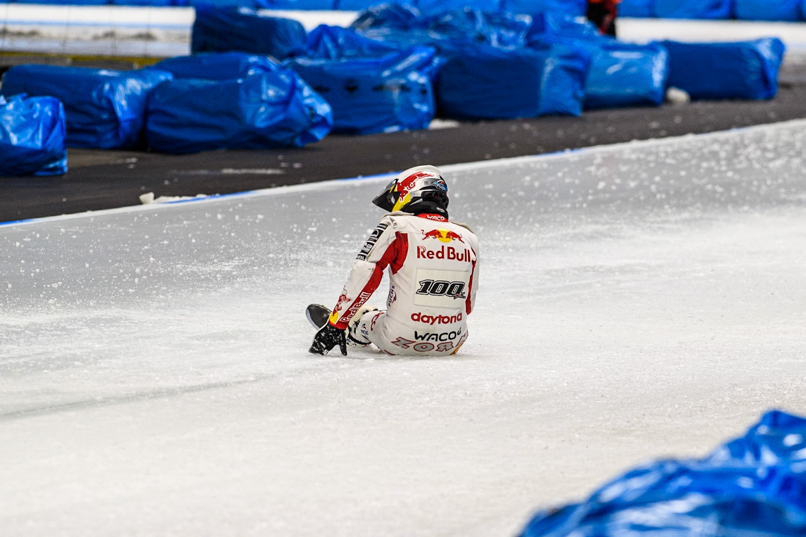 Franky Zorn (100) of Austria after his bike collided with another faller during the Ice Speedway Gladiators World Championship Final 2 at Max-Aicher-Arena, Inzell on Sunday 16th March 2025. (Photo: Ian Charles | MI News)